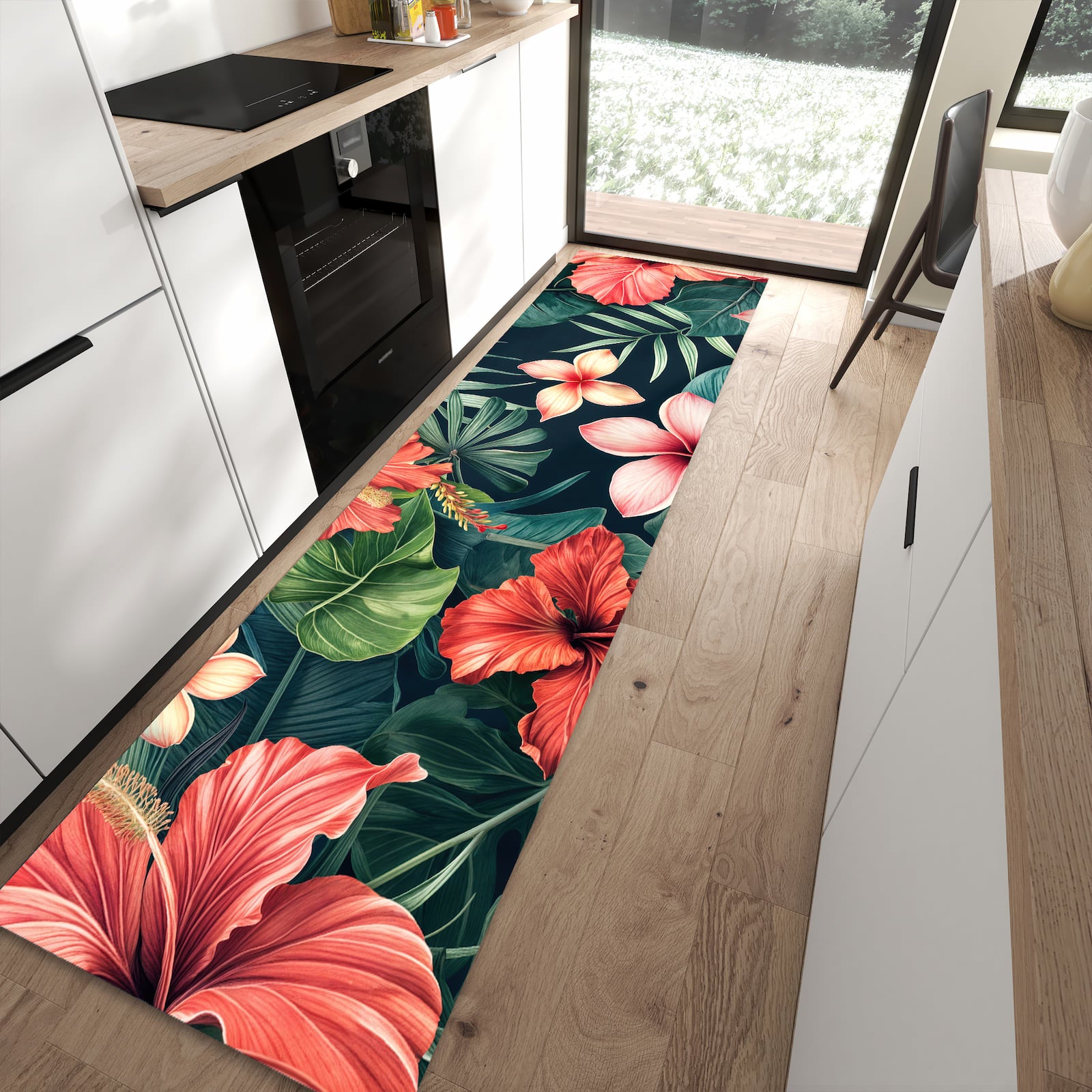 Farbbeständiger waschbarer Küchenläufer mit Motiv Tropenblumen in moderner Küche