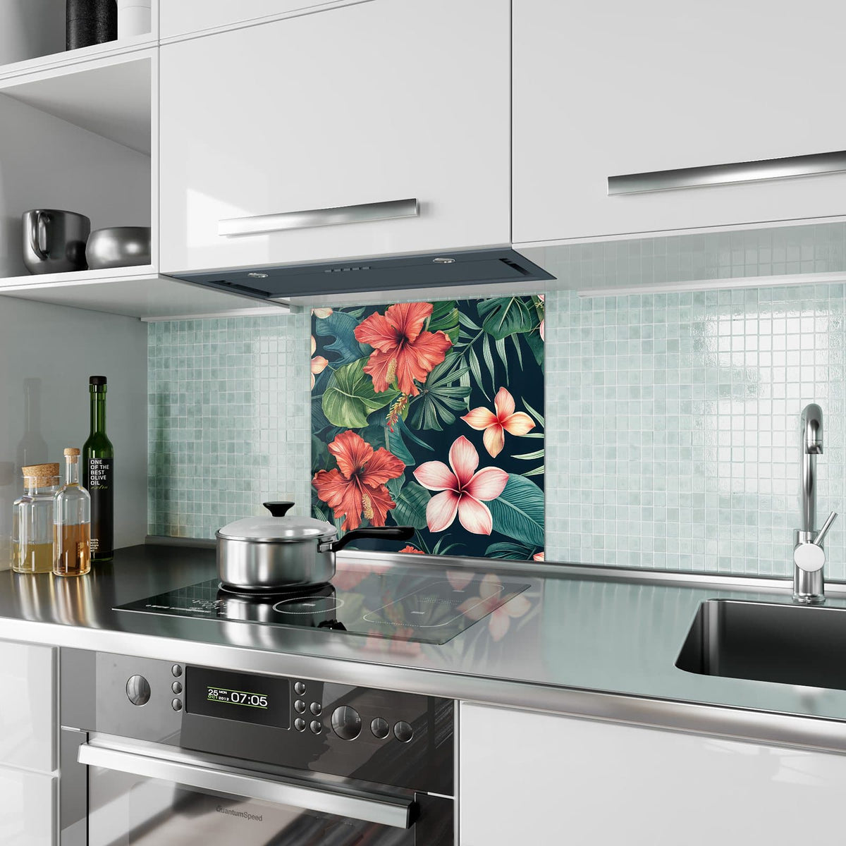 Küchenrückwand Hibiskus auf Dunkelgrün aus Glas – Hibiskus und Frangipani auf Dunkelgrün