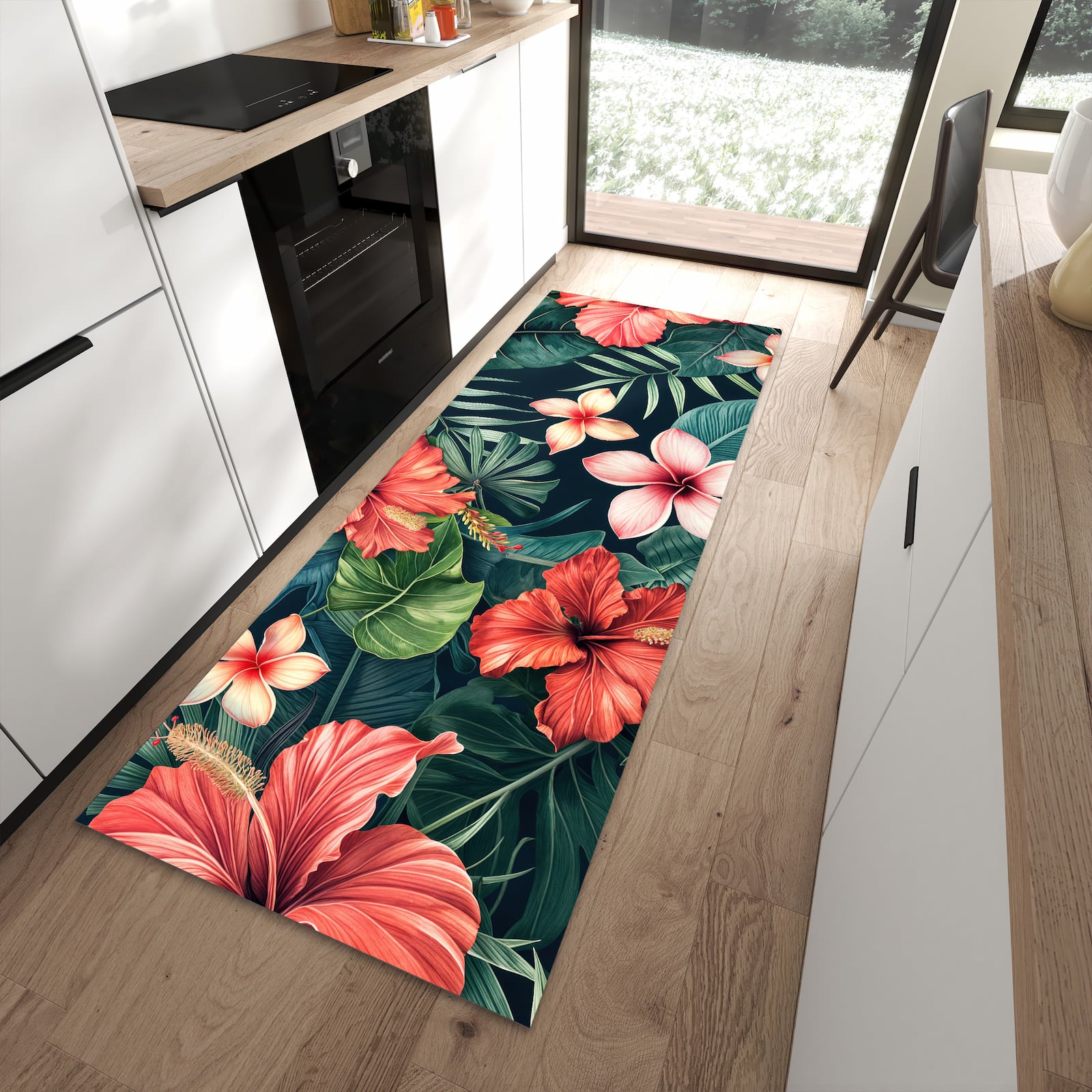 Rutschfester Küchenläufer mit Motiv Tropenblumen für sicheren Stand in moderner Küche