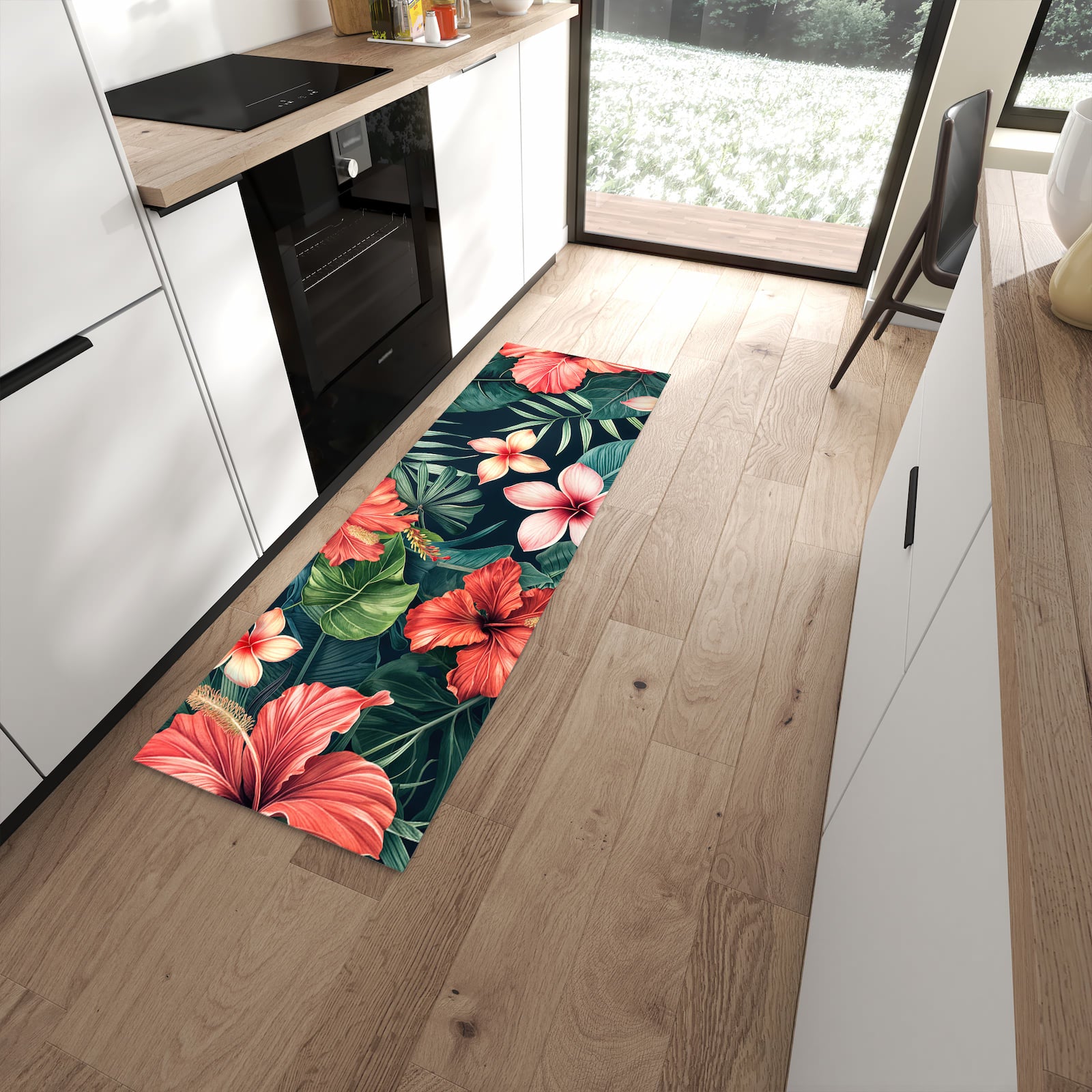 Strapazierfähiger Küchenteppich mit Motiv Tropenblumen in moderner Küche