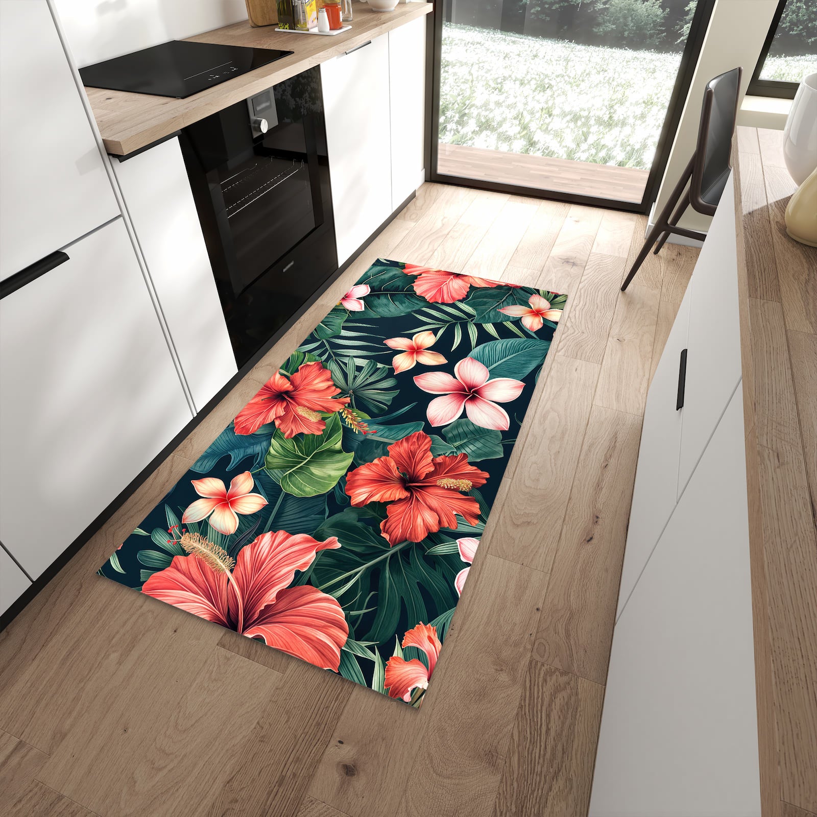 Formstabiler rutschfester Küchenläufer mit Motiv Tropenblumen in moderner Küche