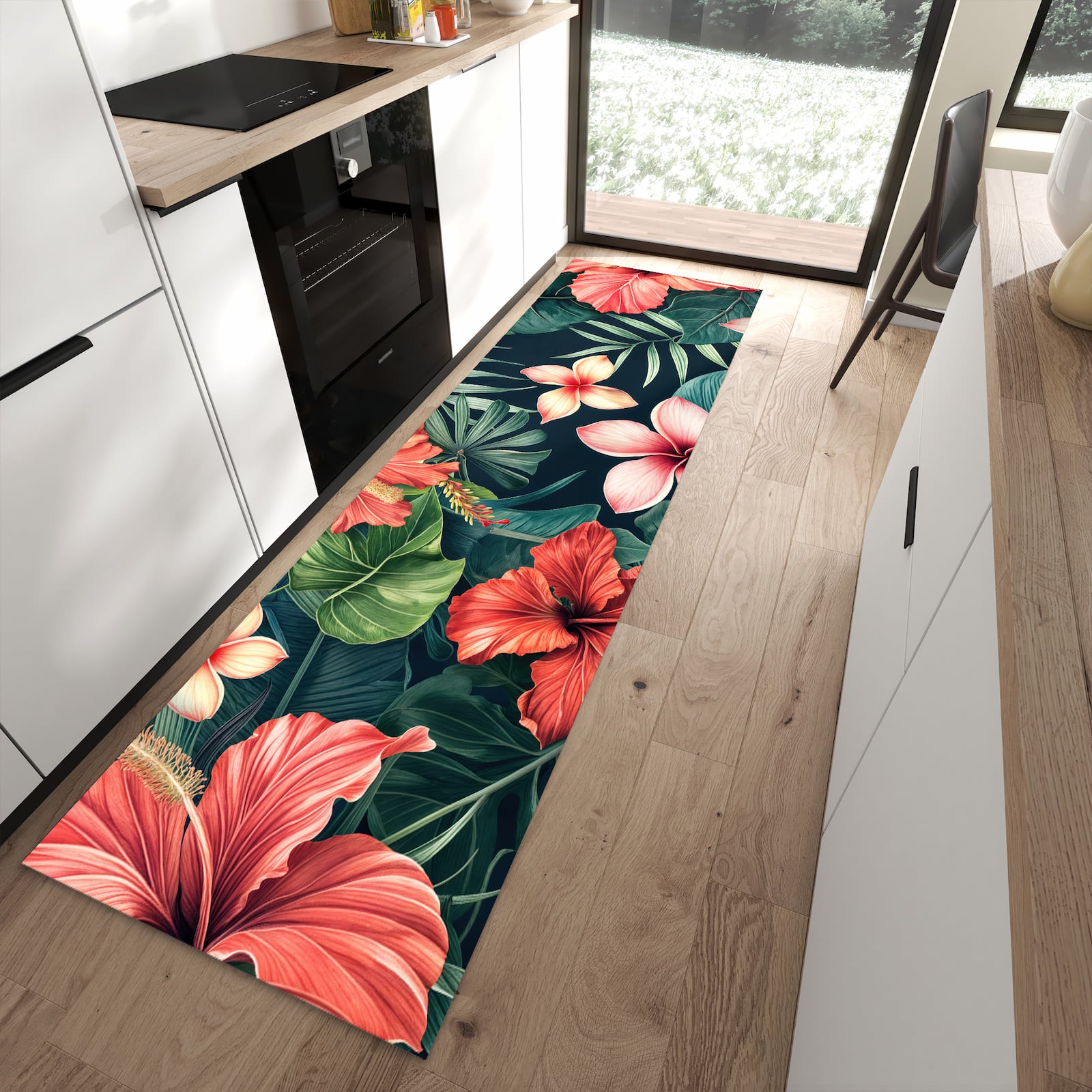 Bodenschonender Küchenläufer mit Motiv Tropenblumen in moderner Küche