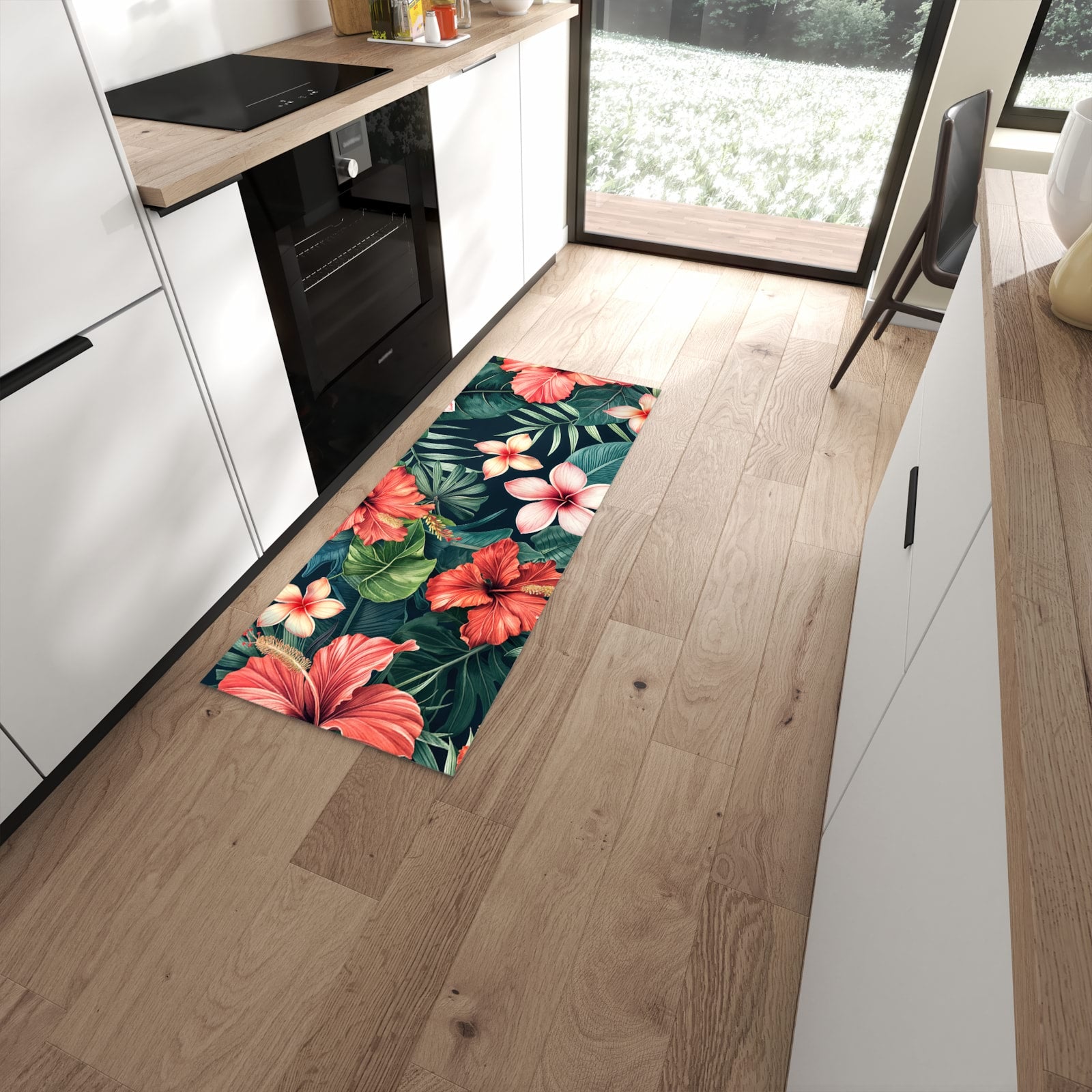 Hygienischer rutschfester Küchenteppich mit Motiv Tropenblumen in moderner Küche #grösse_60 x 150 cm