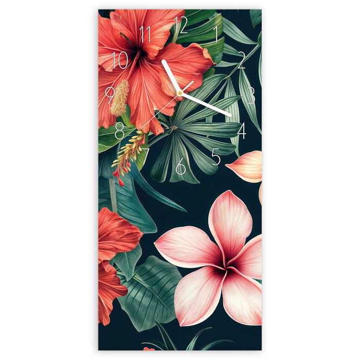 Wanduhr Tropenblumen aus Glas – Hochformat 30 × 60 cm mit Ziffernblatt Elegant