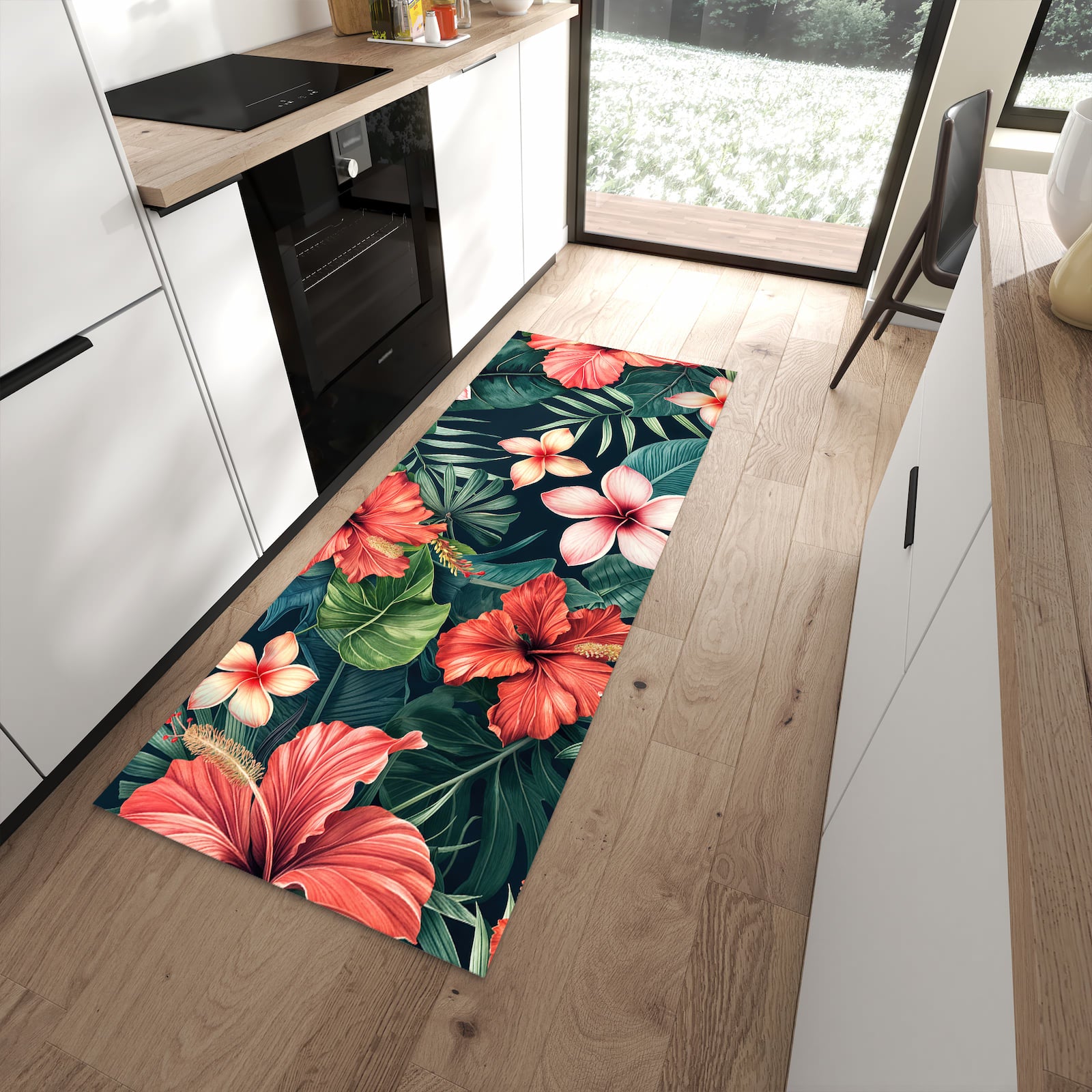 Bodenschonender Küchenteppich mit Motiv Tropenblumen in moderner Küche