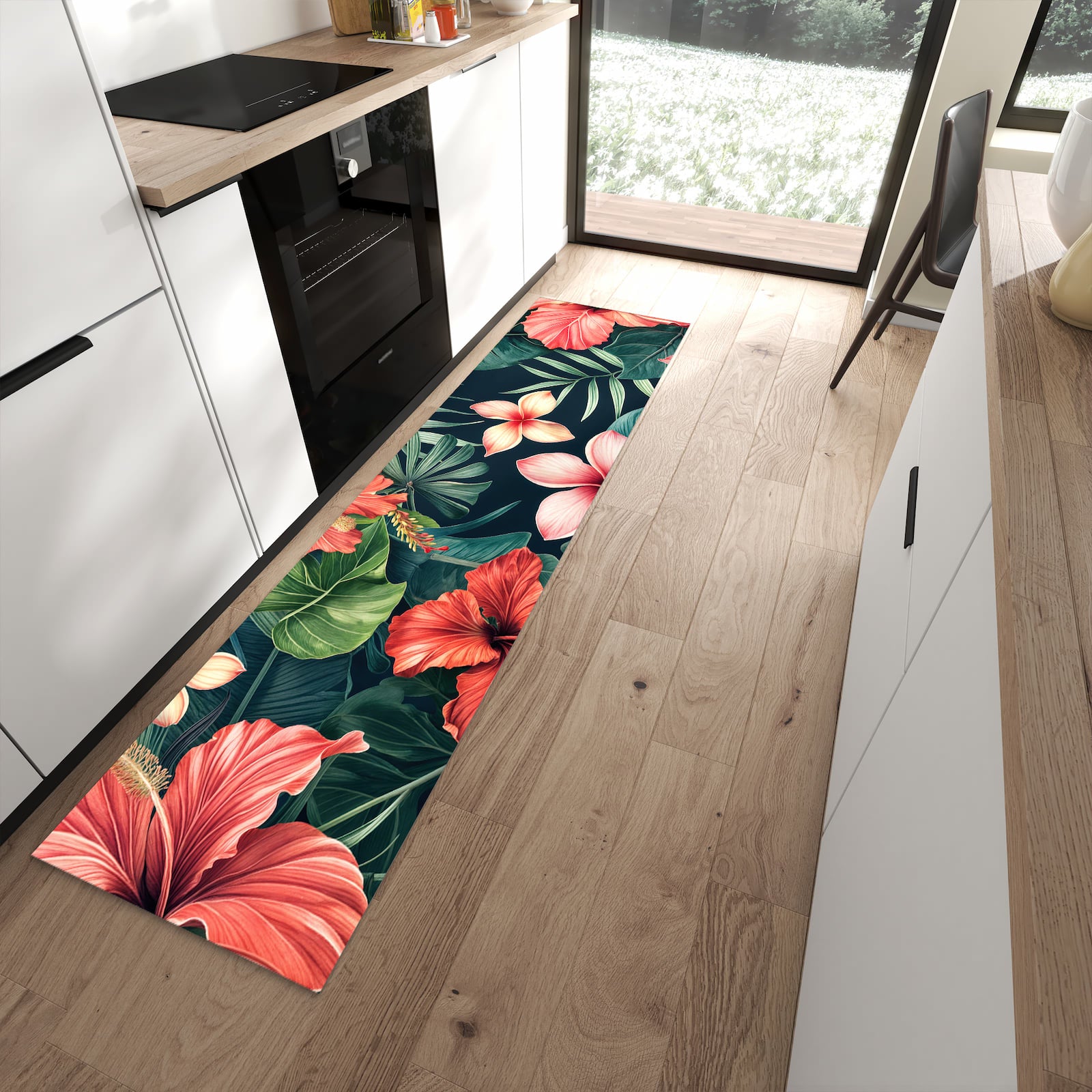 Waschbarer Küchenteppich mit Motiv Tropenblumen in moderner Küche