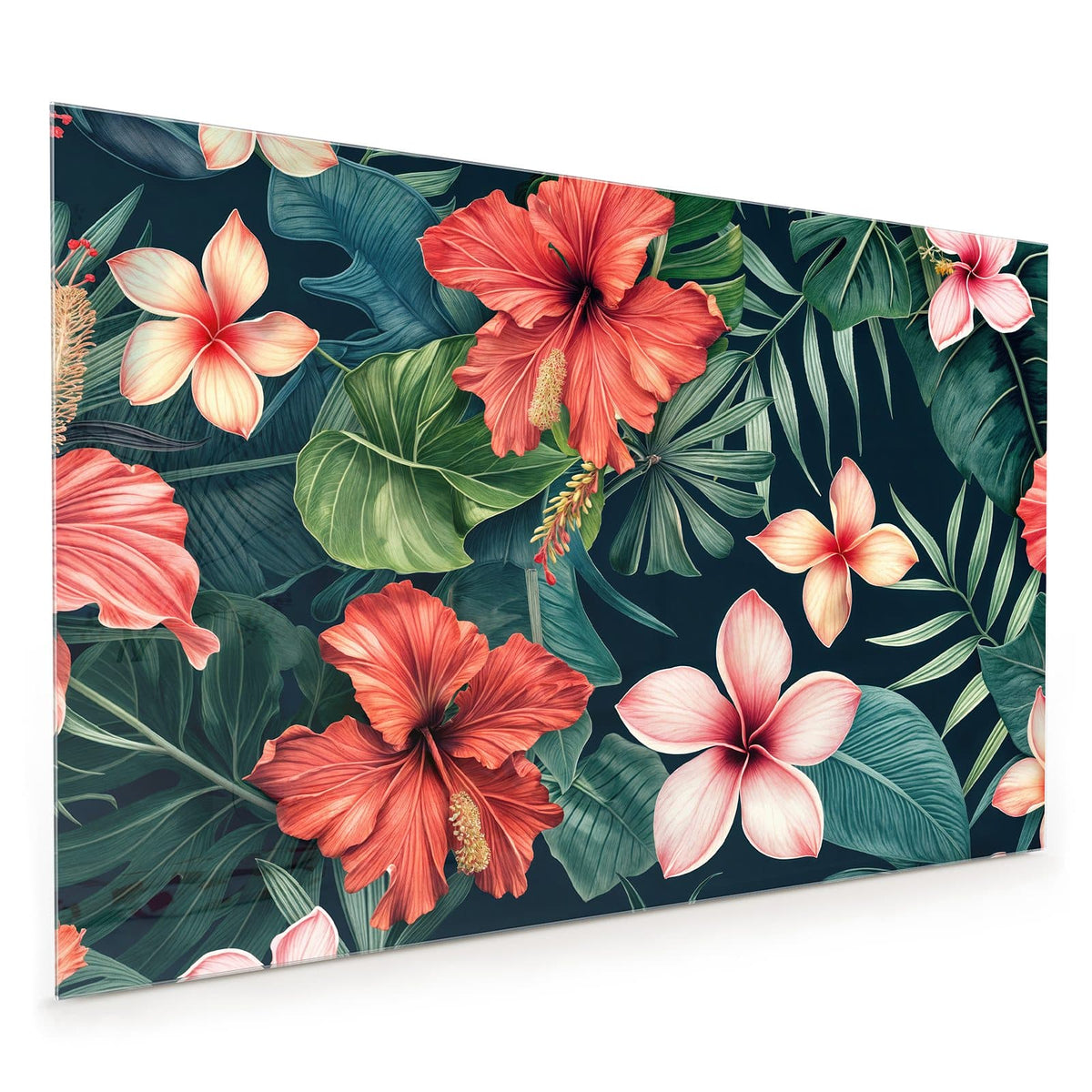 Küchenrückwand aus Glas im Hochformat mit Motiv Hibiskus auf Dunkelgrün: Illustriertes Muster aus roten Hibiskusblüten