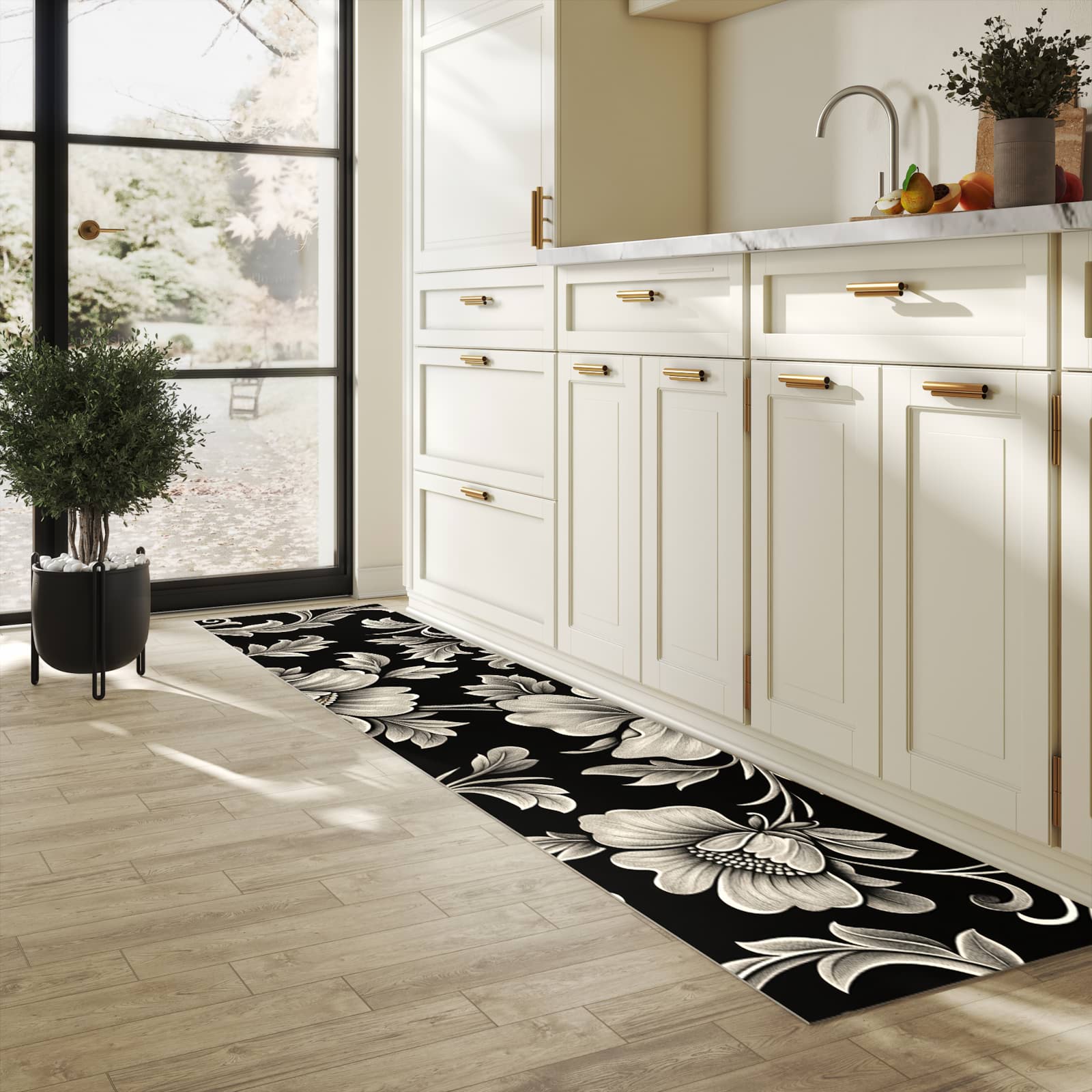 Langlebiger Läufer mit Motiv Blumenmuster Schwarz für Eingangsbereich in heller Küche