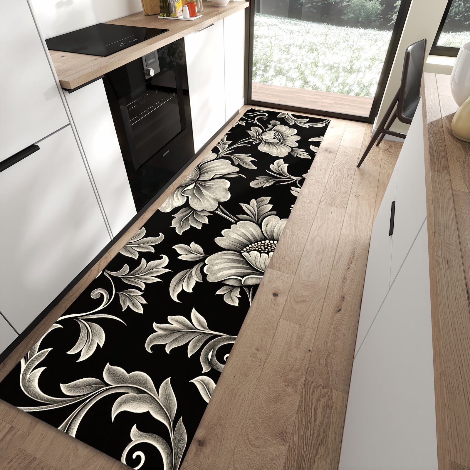Flacher Küchenläufer mit Motiv Blumenmuster Schwarz in moderner Küche