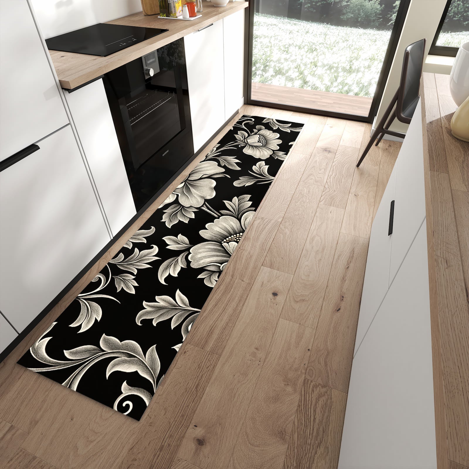 Komfortabler Küchenteppich mit Motiv Blumenmuster Schwarz in moderner Küche
