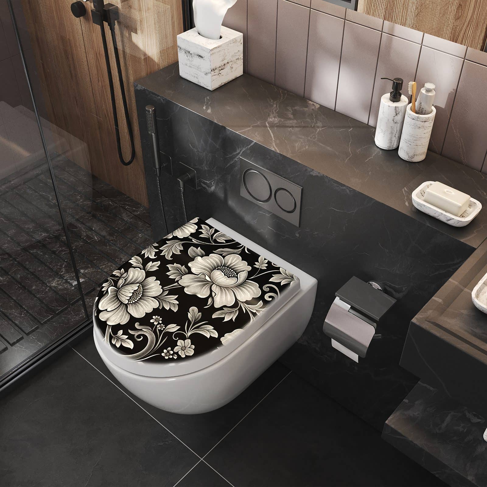 WC-Sitz mit Absenkautomatik Blumenmuster Schwarz