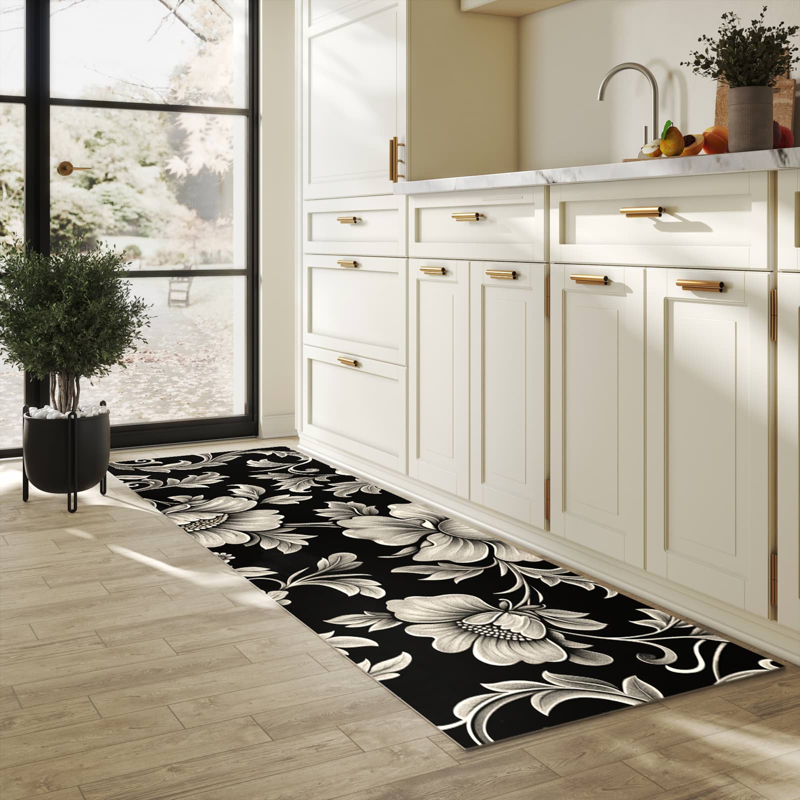 Rutschfester dünner Küchenteppich mit Motiv Blumenmuster Schwarz in heller Küche