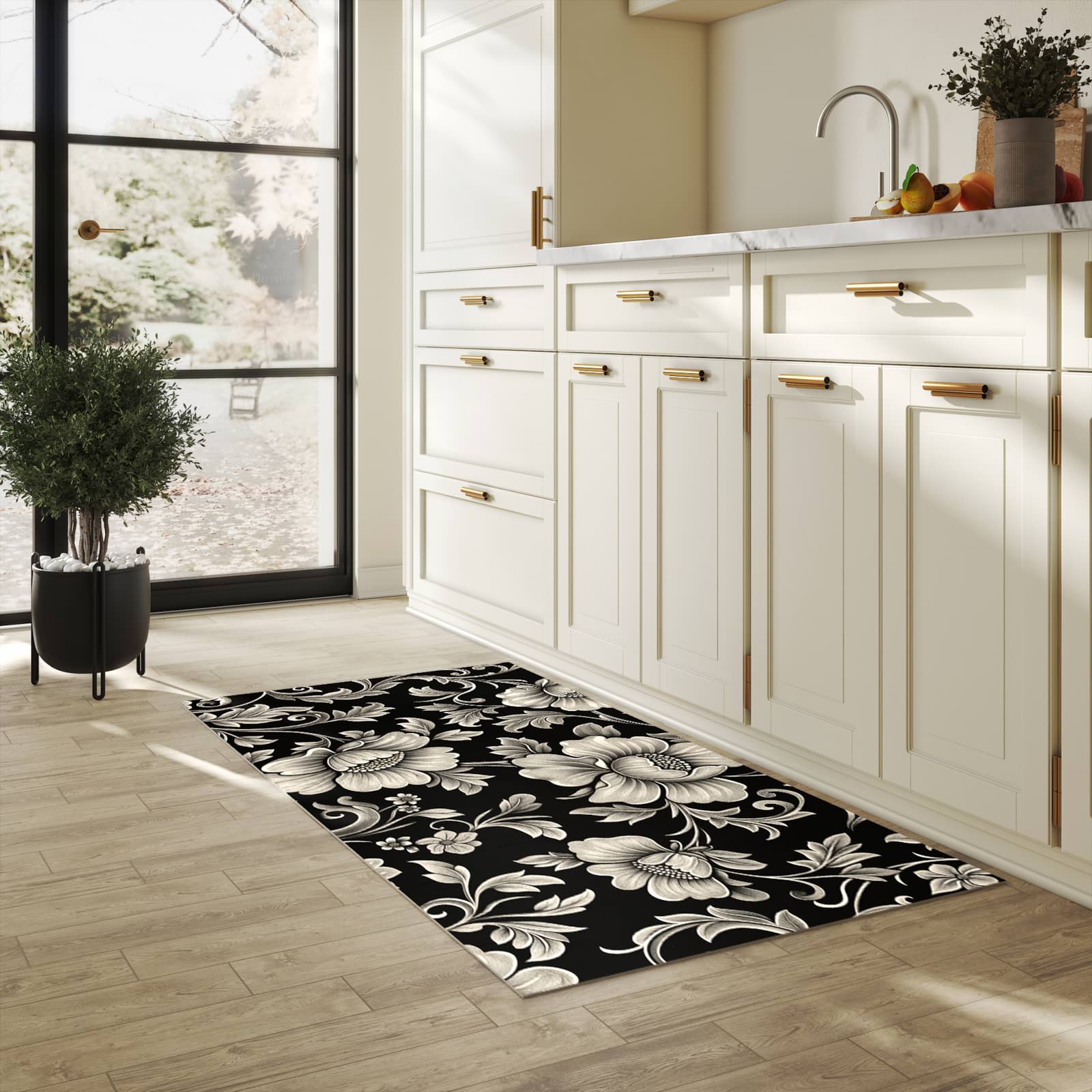 Küchenteppich mit angenehmer Haptik und Motiv Blumenmuster Schwarz in heller Küche, waschbar