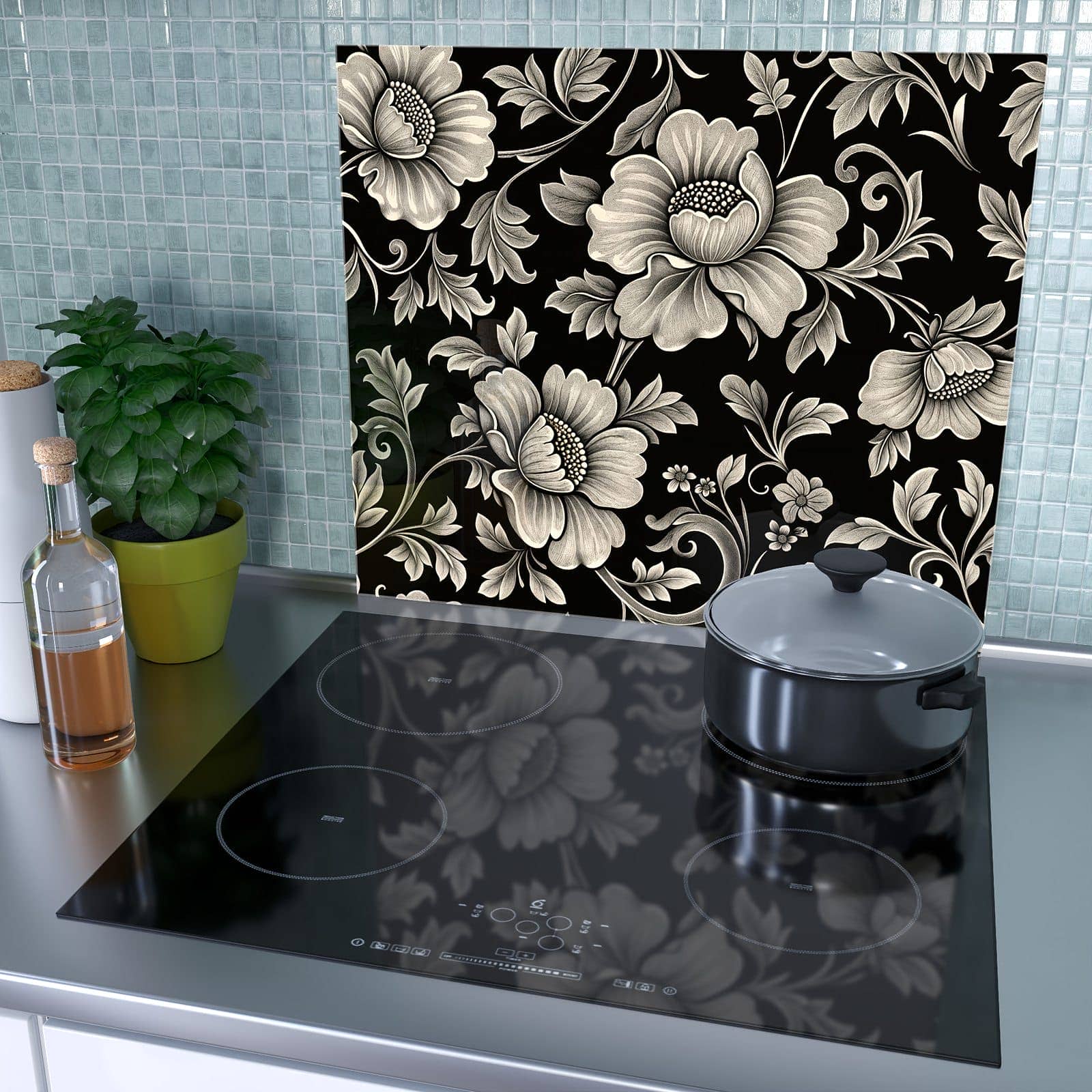 1-teilige Herdabdeckplatten für Ceranfeld mit Blumenmuster Schwarz-Motiv als Spritzschutz hinter dem Kochfeld