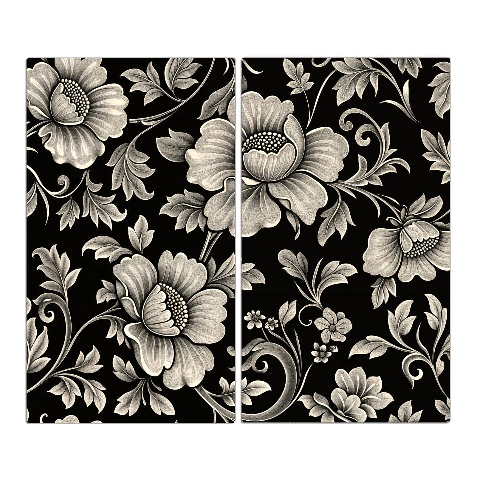 2-teilige Herdabdeckung mit Blumenmuster Schwarz-Motiv in der Frontansicht #grösse_2-Teilig (60x52cm)