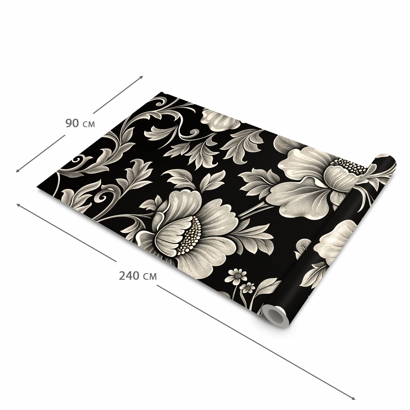 Küchenteppich mit Motiv Blumenmuster Schwarz in der Grösse 80x300 cm für Ordnung & Übersicht