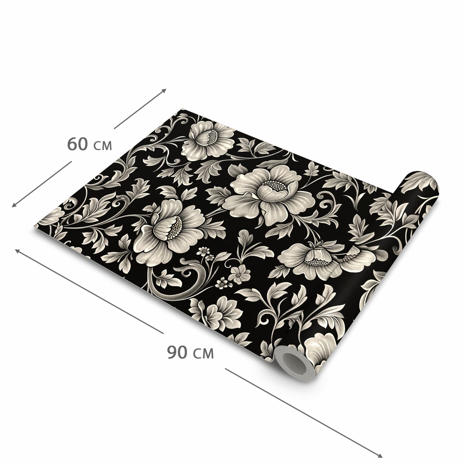 Strapazierfähiger Bodenläufer mit Motiv Blumenmuster Schwarz in der Grösse 80x300 cm