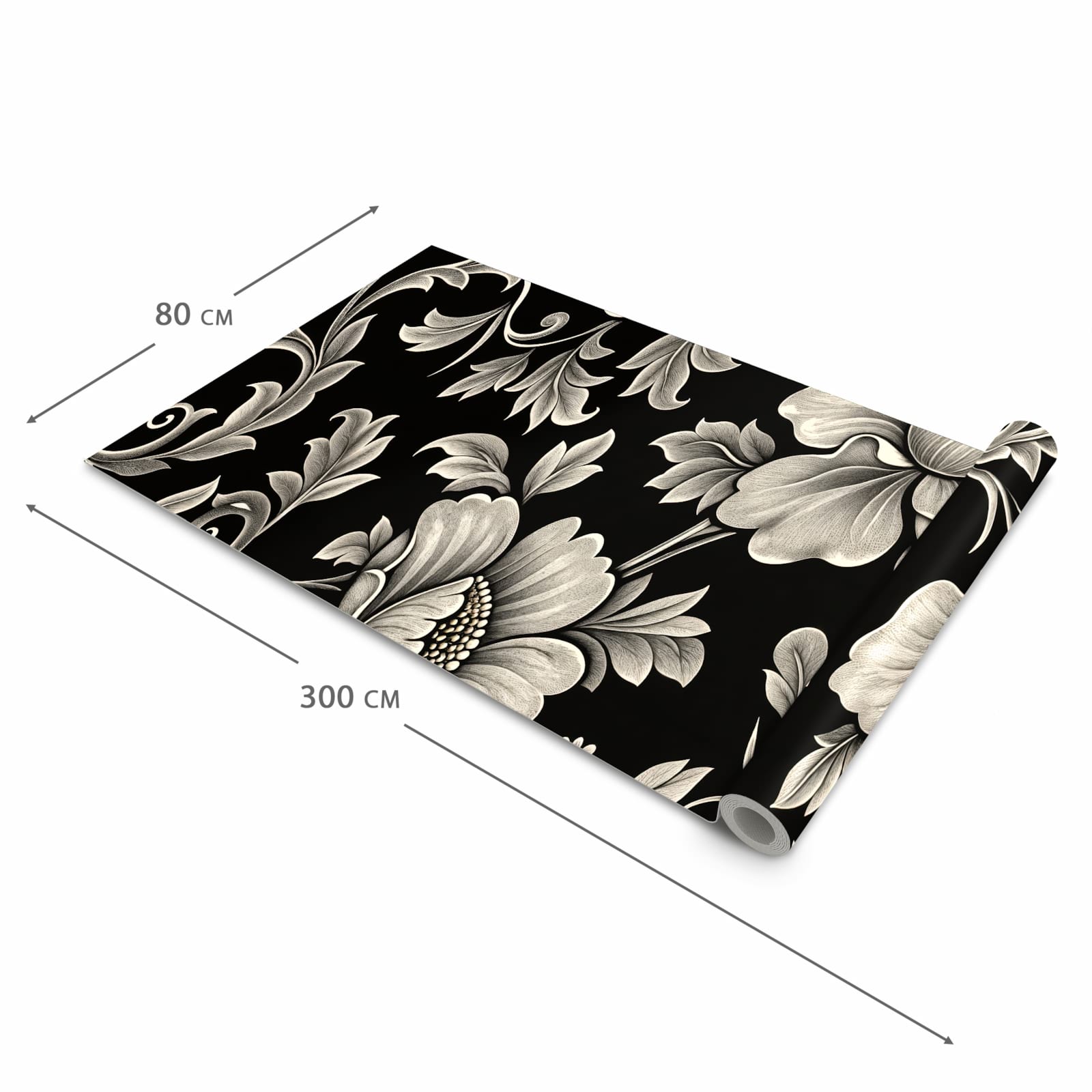 Feuchtigkeitsresistenter Küchenteppich mit Motiv Blumenmuster Schwarz in der Grösse 80x300 cm