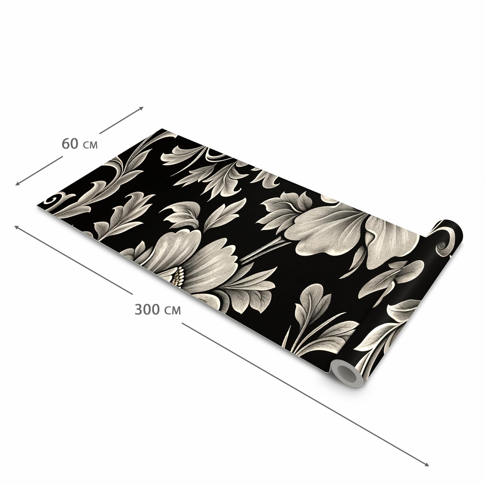 Hygienischer rutschfester Küchenteppich mit Motiv Blumenmuster Schwarz in der Grösse 80x300 cm