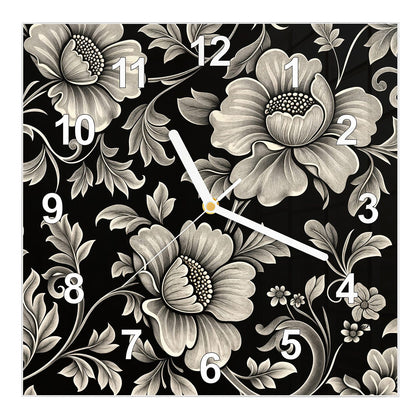 Wanduhr Quadratisch mit dem Motiv Blüten auf Schwarz