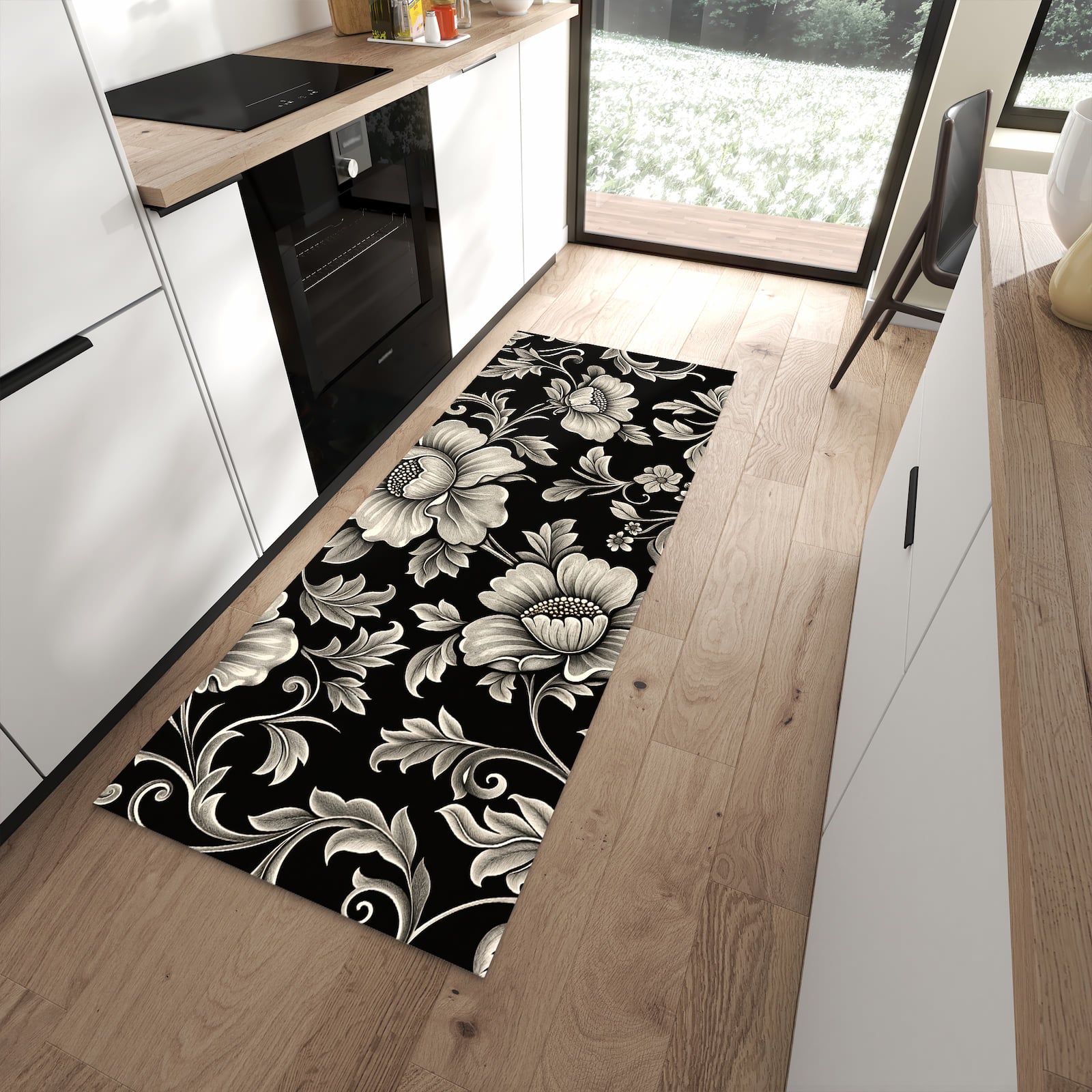 Schmutzabweisender Küchenteppich mit Motiv Blumenmuster Schwarz in moderner Küche