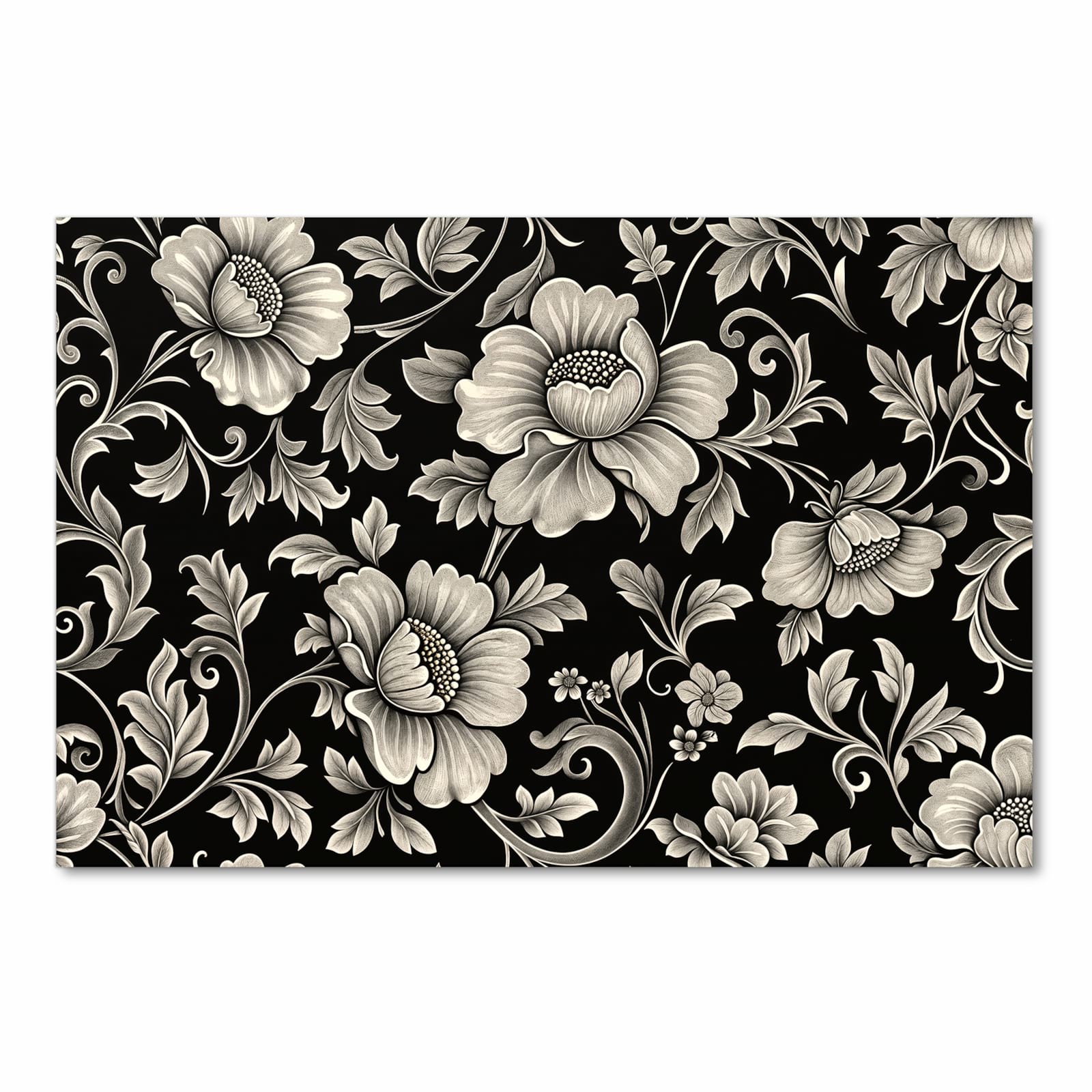 Feuchtigkeitsresistenter Küchenläufer mit Motiv Blumenmuster Schwarz in Frontansicht zum Waschen