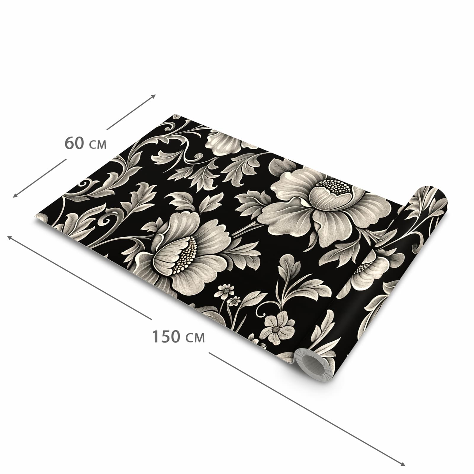 Komfortabler rutschfester Teppich mit Motiv Blumenmuster Schwarz in der Grösse 80x300 cm