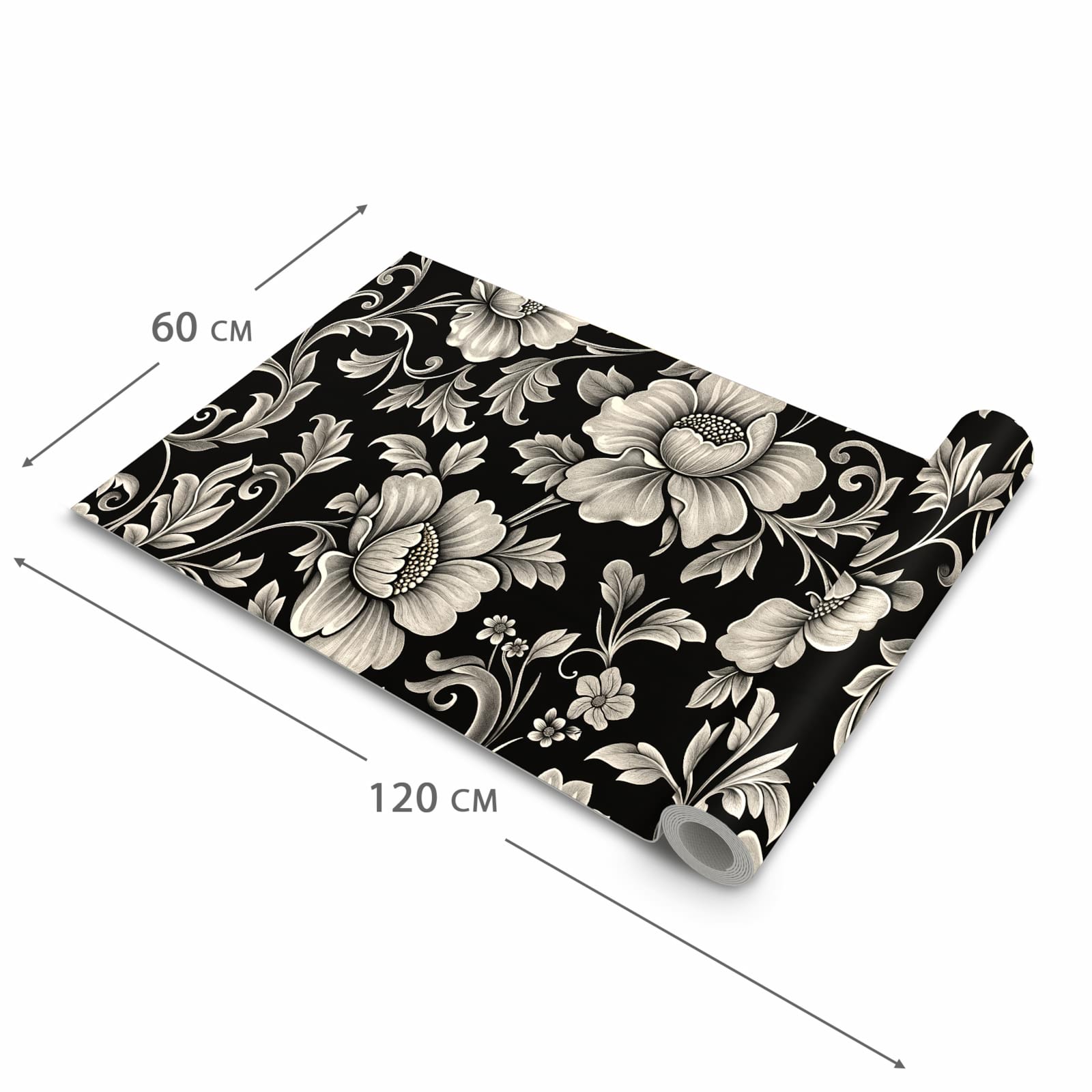 Pflegeleichter dünner Küchenteppich mit Motiv Blumenmuster Schwarz in der Grösse 80x300 cm