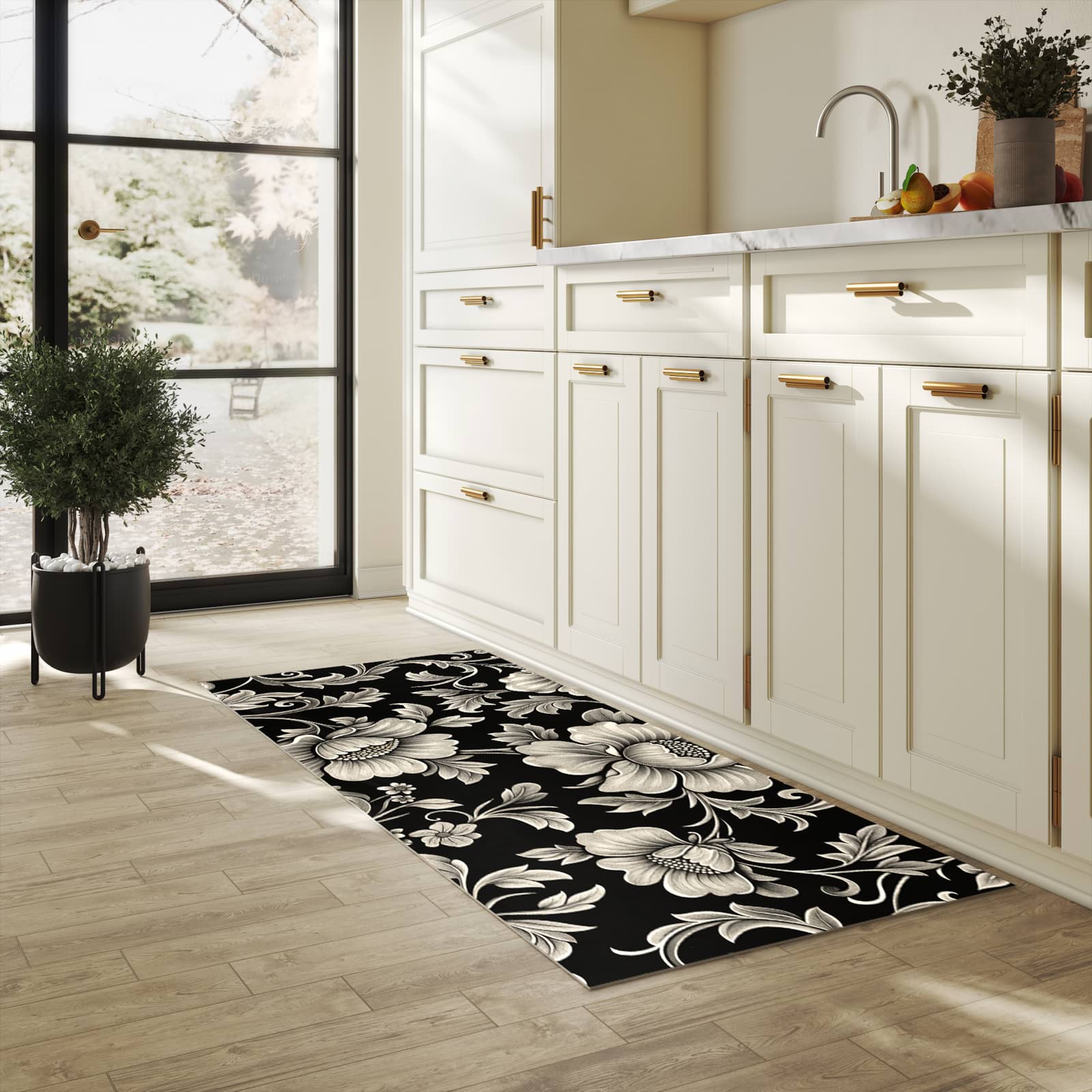 Pflegeleichter dünner Teppich mit Motiv Blumenmuster Schwarz in heller Küche