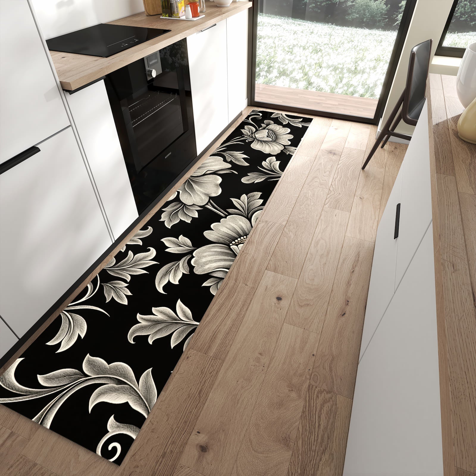 Wasserabweisender Teppich für die Küche mit Motiv Blumenmuster Schwarz in moderner Küche
