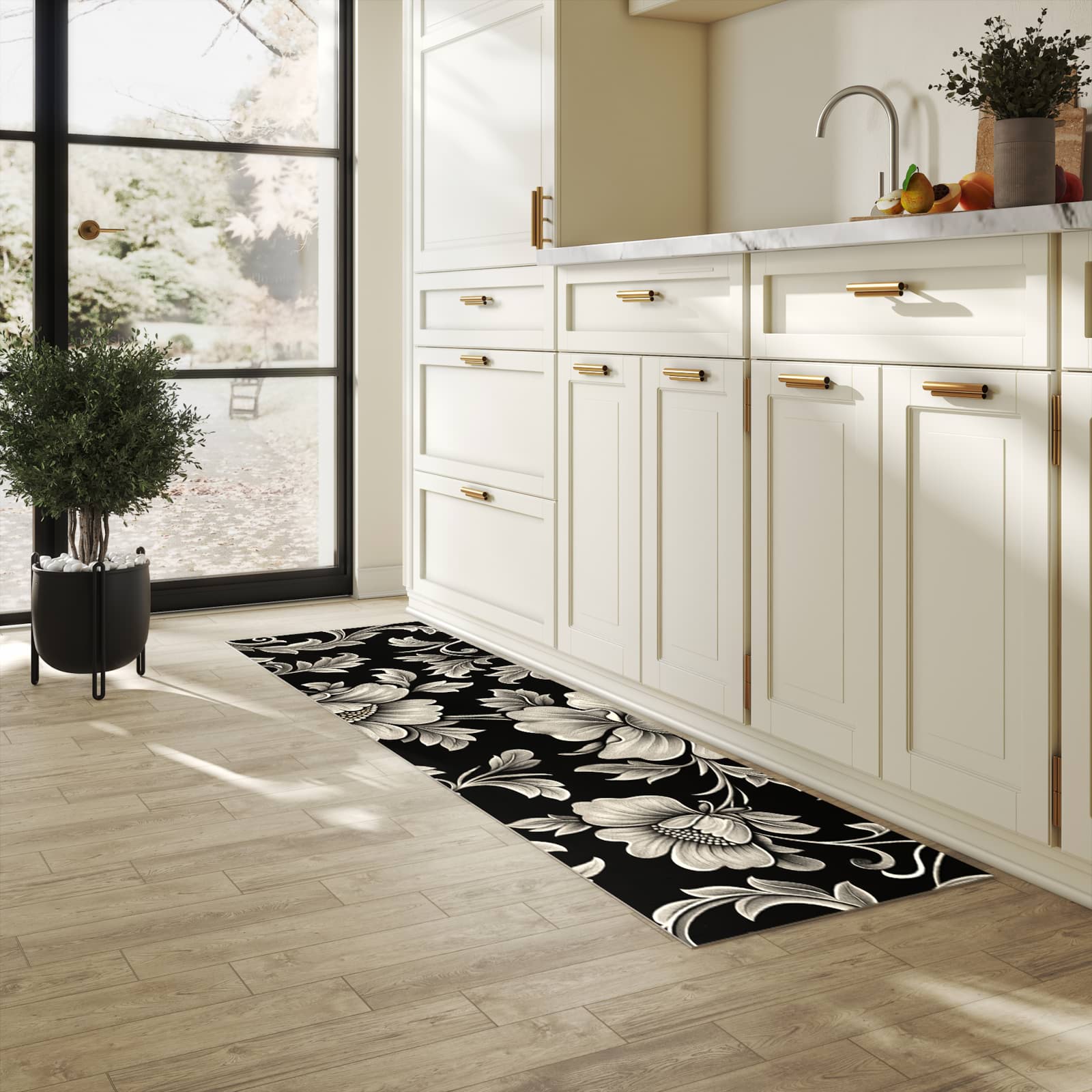Schmutzabweisender waschbarer Küchenläufer mit Motiv Blumenmuster Schwarz in heller Küche