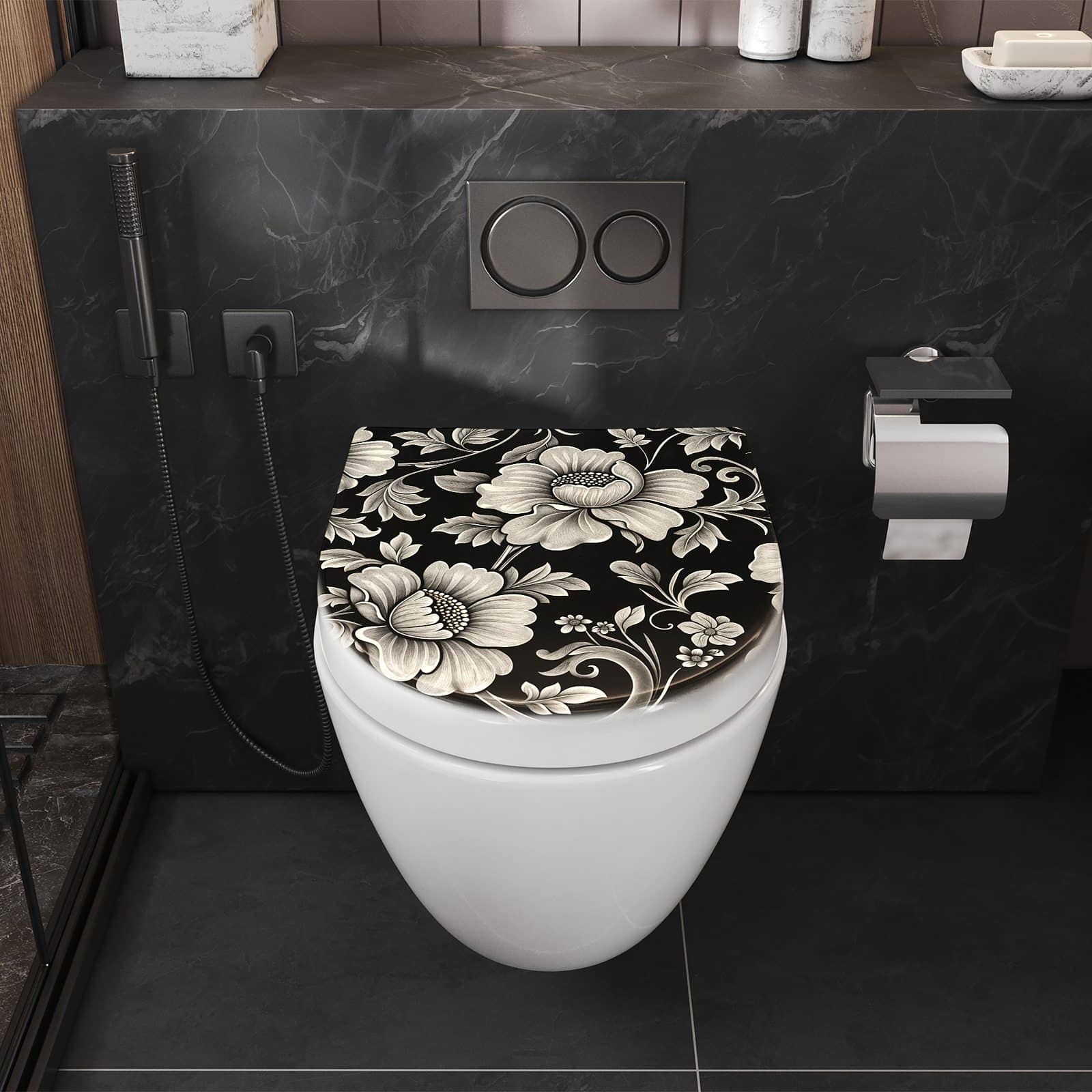 WC-Sitz mit Absenkautomatik Blumenmuster Schwarz