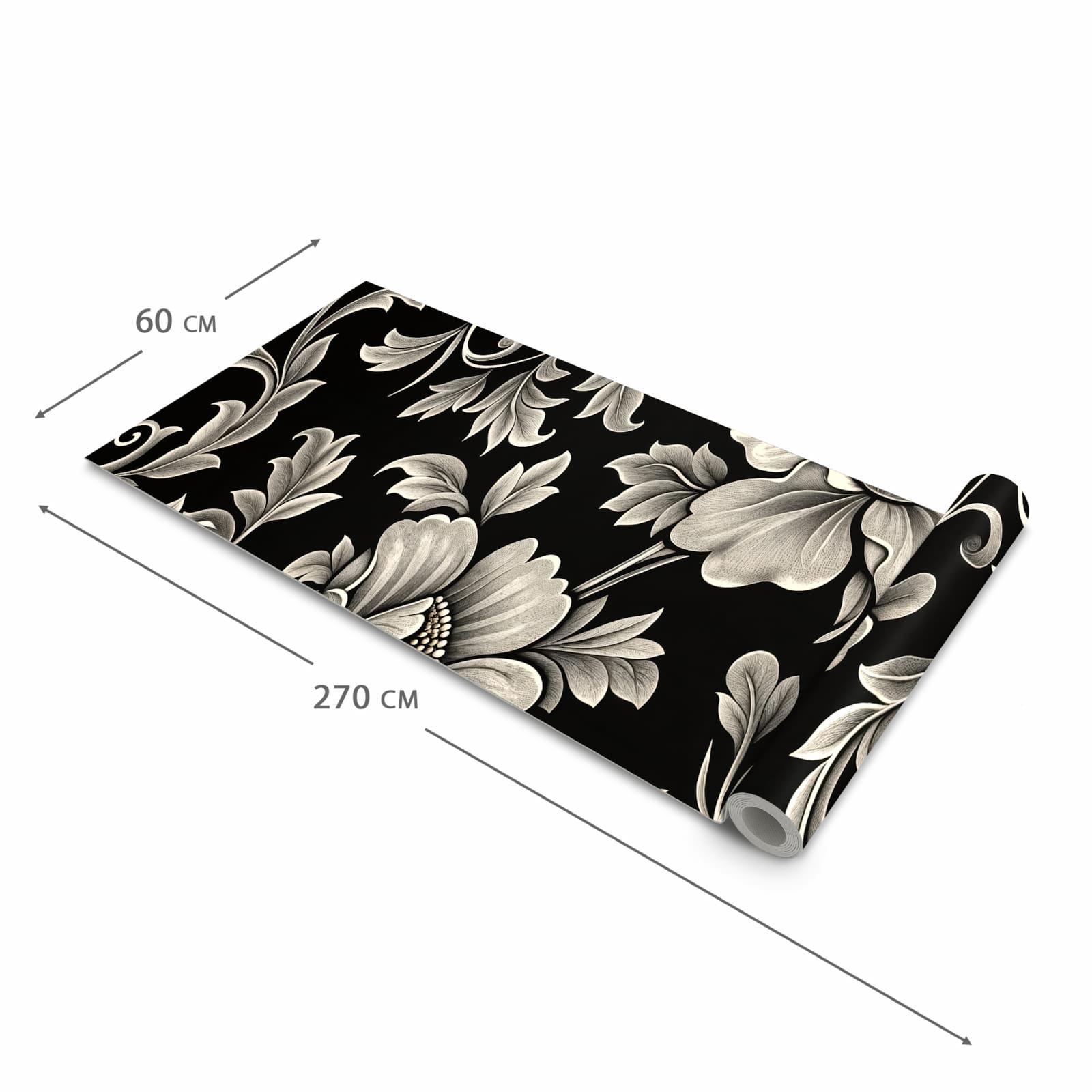 Waschbarer Teppich für Esstisch mit Motiv Blumenmuster Schwarz in der Größe 80x300 cm