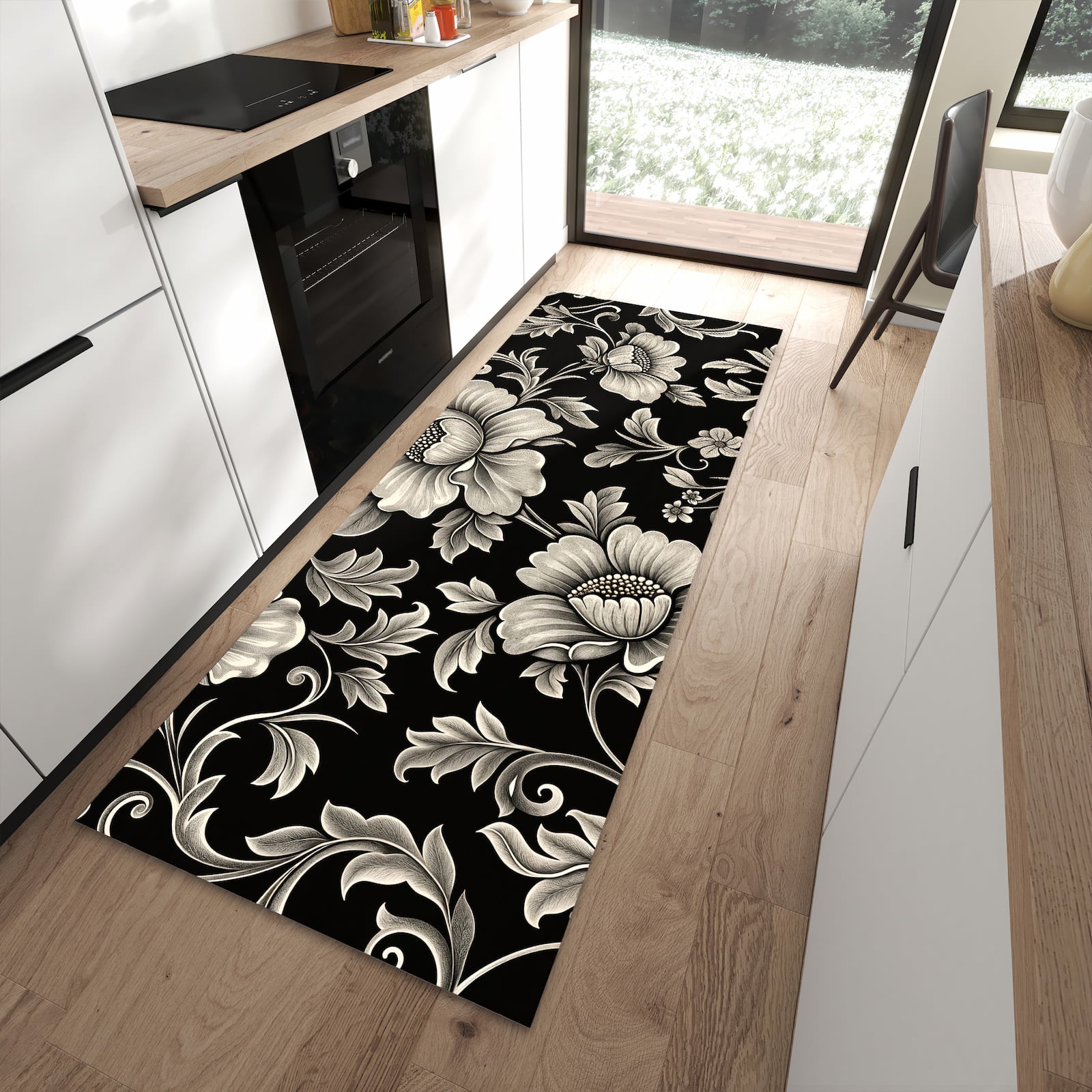 Waschbarer Küchenteppich mit Motiv Blumenmuster Schwarz in moderner Küche