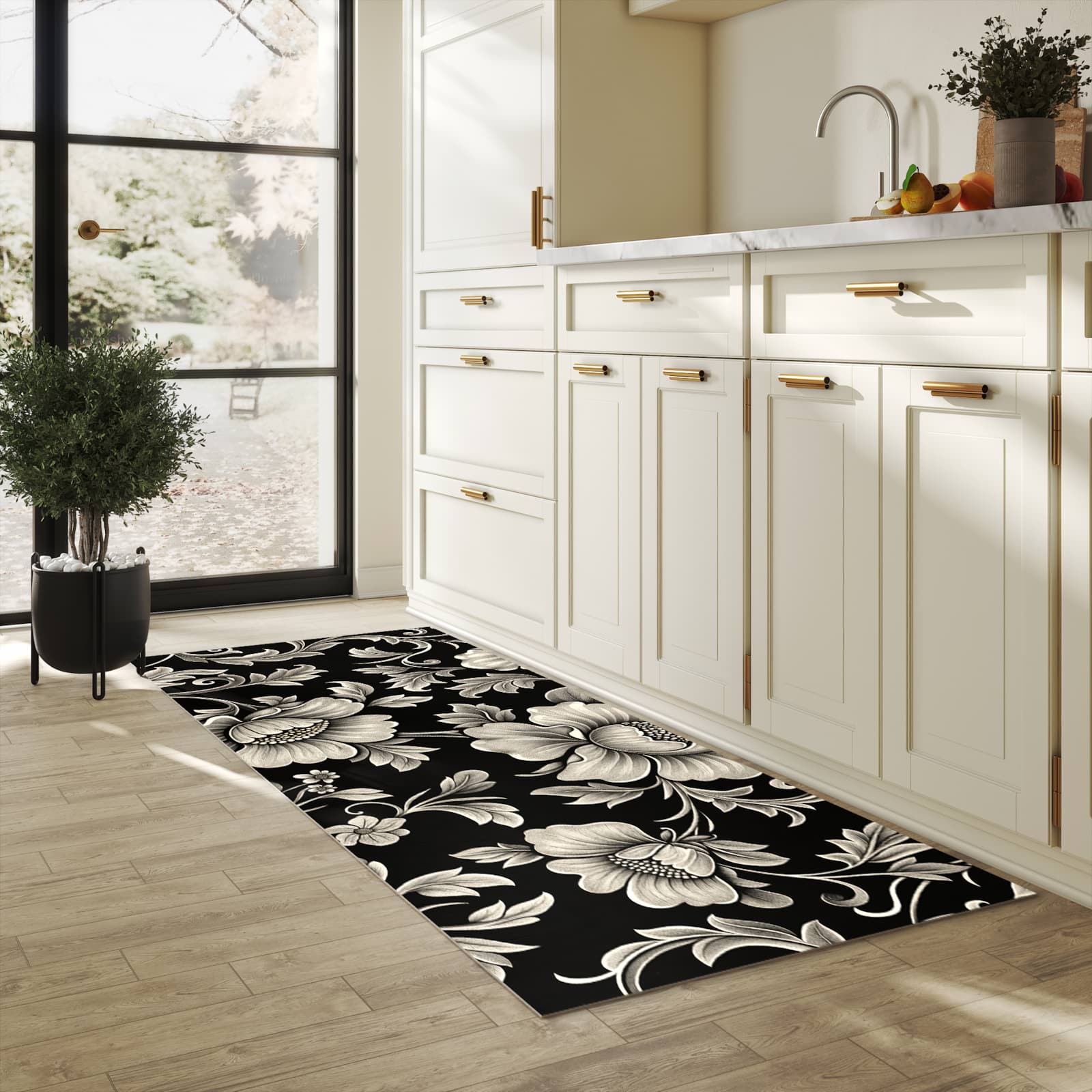 Hygienischer rutschfester Küchenteppich mit Motiv Blumenmuster Schwarz in heller Küche