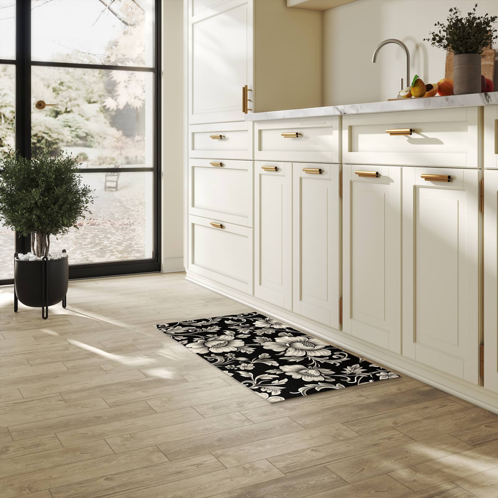 Komfortabler Küchenläufer mit Motiv Blumenmuster Schwarz in heller Küche für angenehmes Stehen