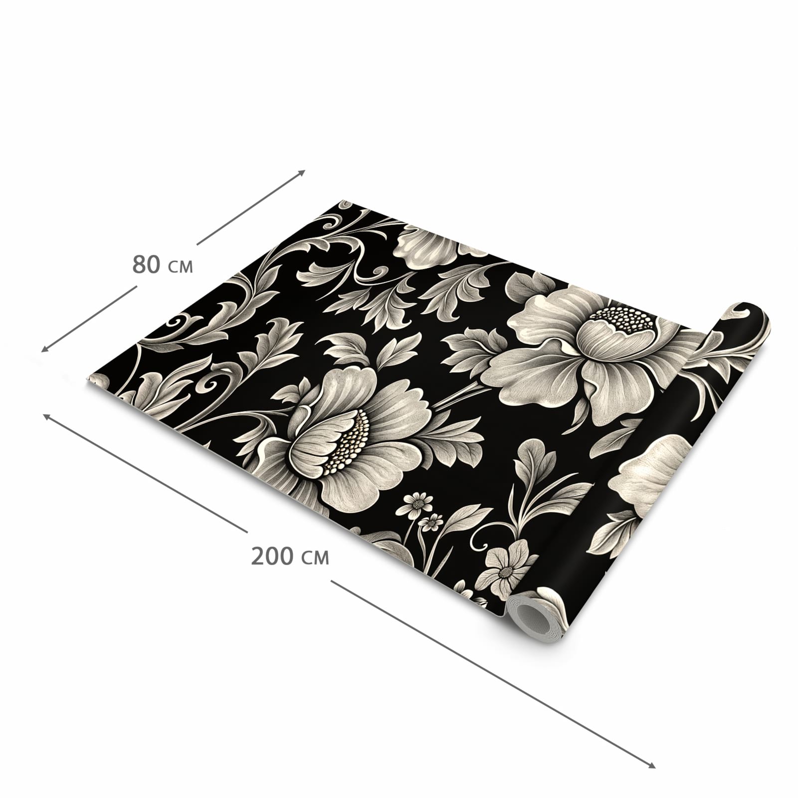 Waschbarer Bodenläufer Teppich mit Motiv Blumenmuster Schwarz in der Grösse 80x300 cm