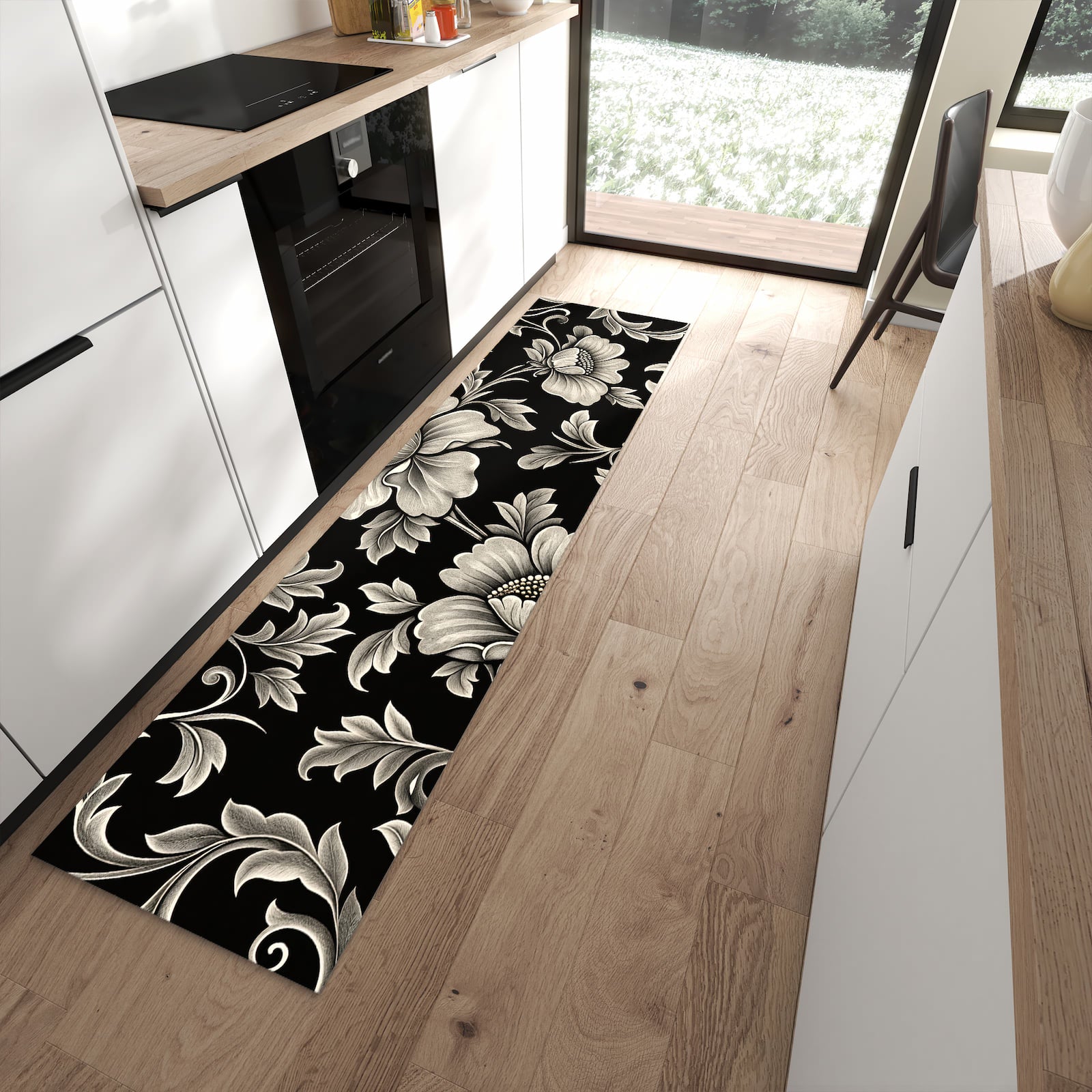 UV-beständiger Teppich für Küche mit Motiv Blumenmuster Schwarz in moderner Küche