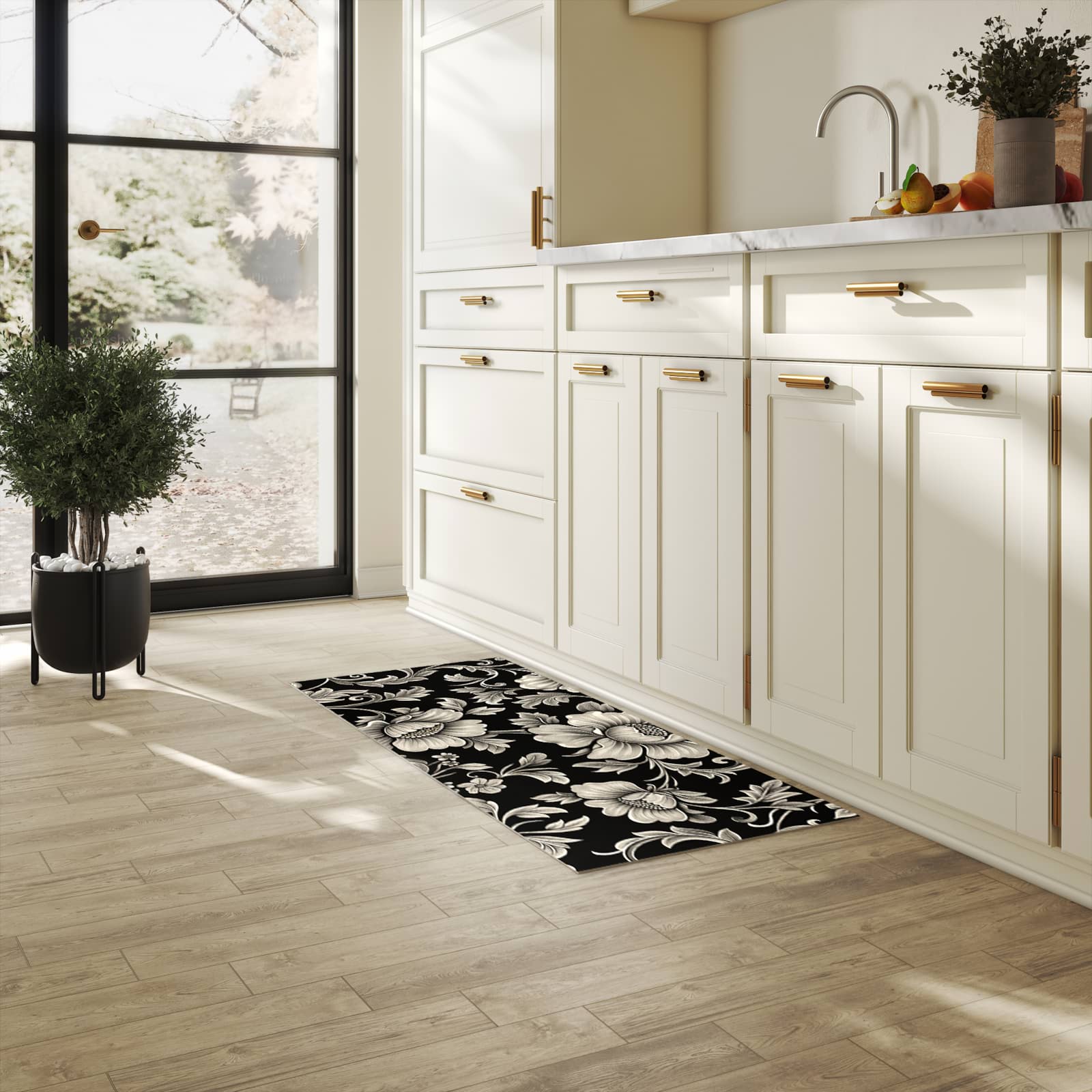 Wasserabweisender Teppichläufer mit Motiv Blumenmuster Schwarz in heller Küche