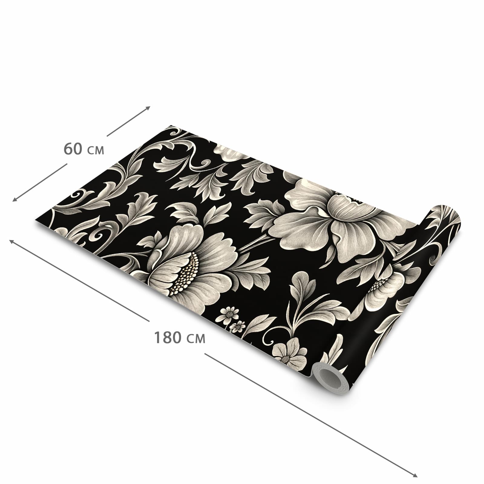 Rutschfester dünner Küchenteppich mit Motiv Blumenmuster Schwarz in der Größe 80x300 cm