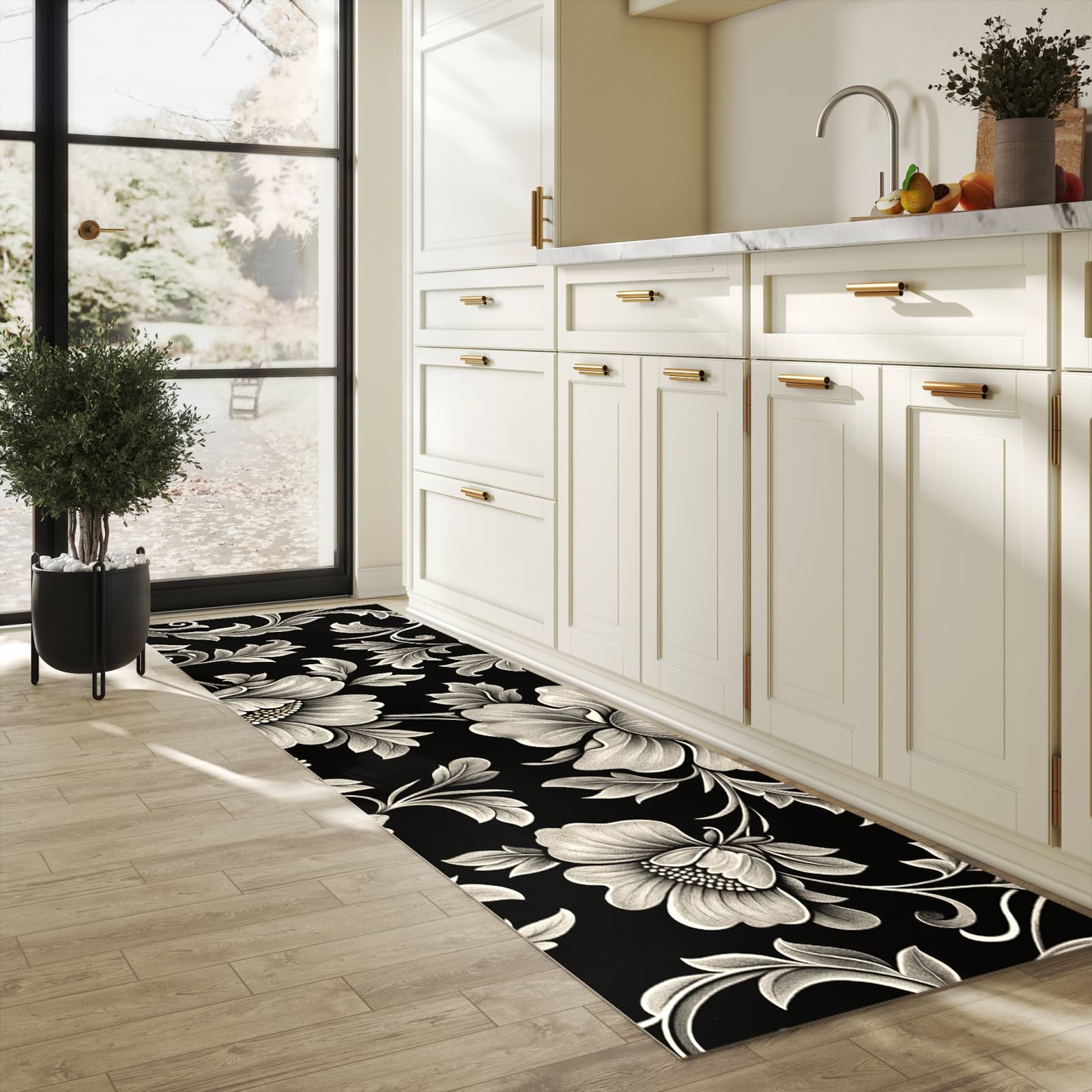 Waschbarer Teppich fürs Esszimmer mit Motiv Blumenmuster Schwarz in heller Küche