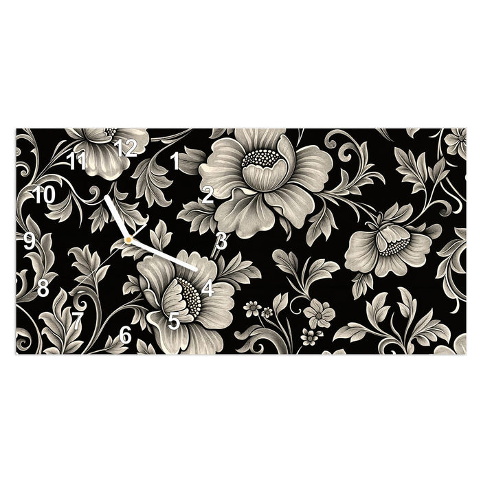 Wanduhr Blumenmuster Schwarz aus Glas – Querformat 60 × 30 cm mit Ziffernblatt Modern