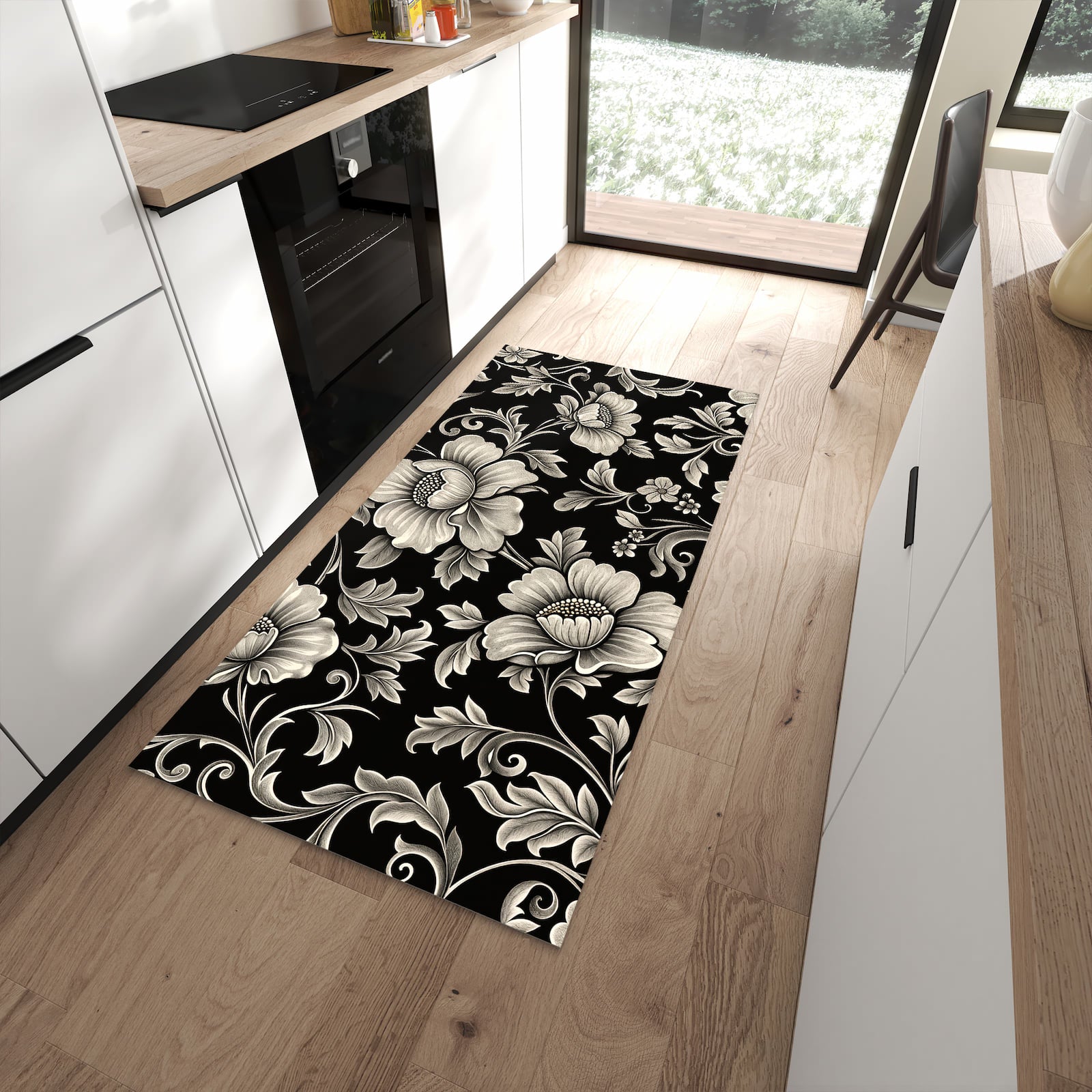 Rutschfester Küchenteppich mit Motiv Blumenmuster Schwarz in moderner Küche