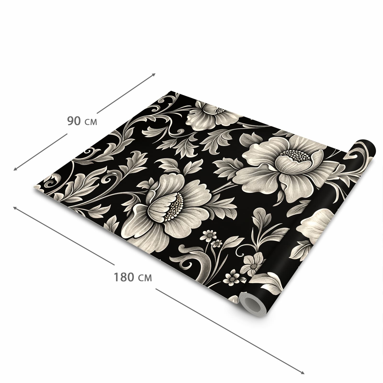 Bodenschonender rutschfester Küchenteppich mit Motiv Blumenmuster Schwarz in der Grösse 80x300 cm