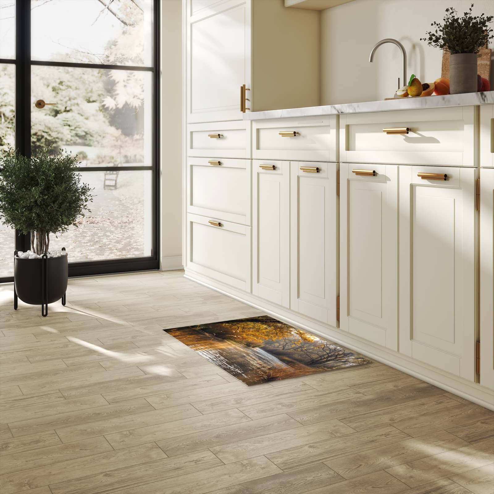 Farbbeständiger Läufer für die Küche mit Motiv Herbstliches Ufer in heller Küche