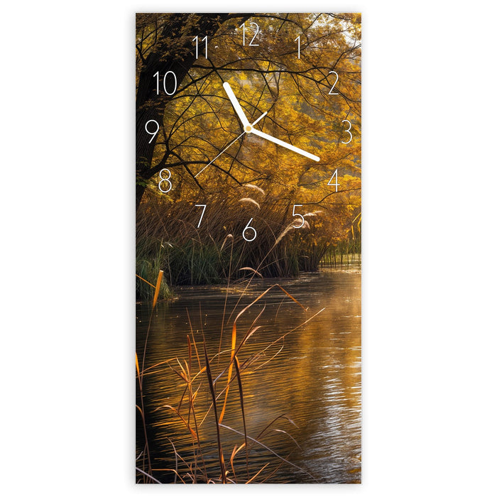 Wanduhr Herbstliches Ufer aus Glas – Hochformat 30 × 60 cm mit Ziffernblatt Elegant