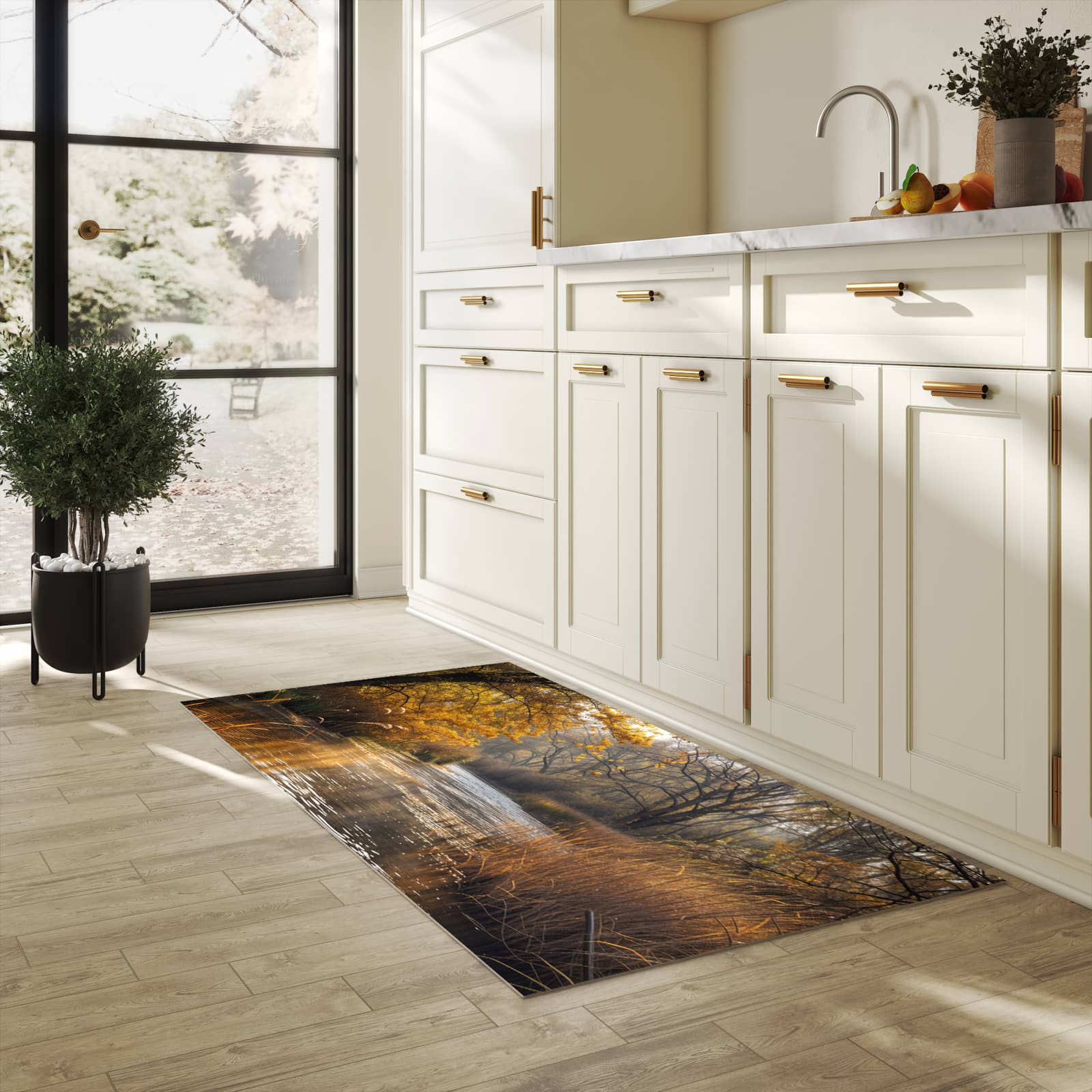 Abriebfester waschbarer Teppich Küche mit Motiv Herbstliches Ufer in heller Küche