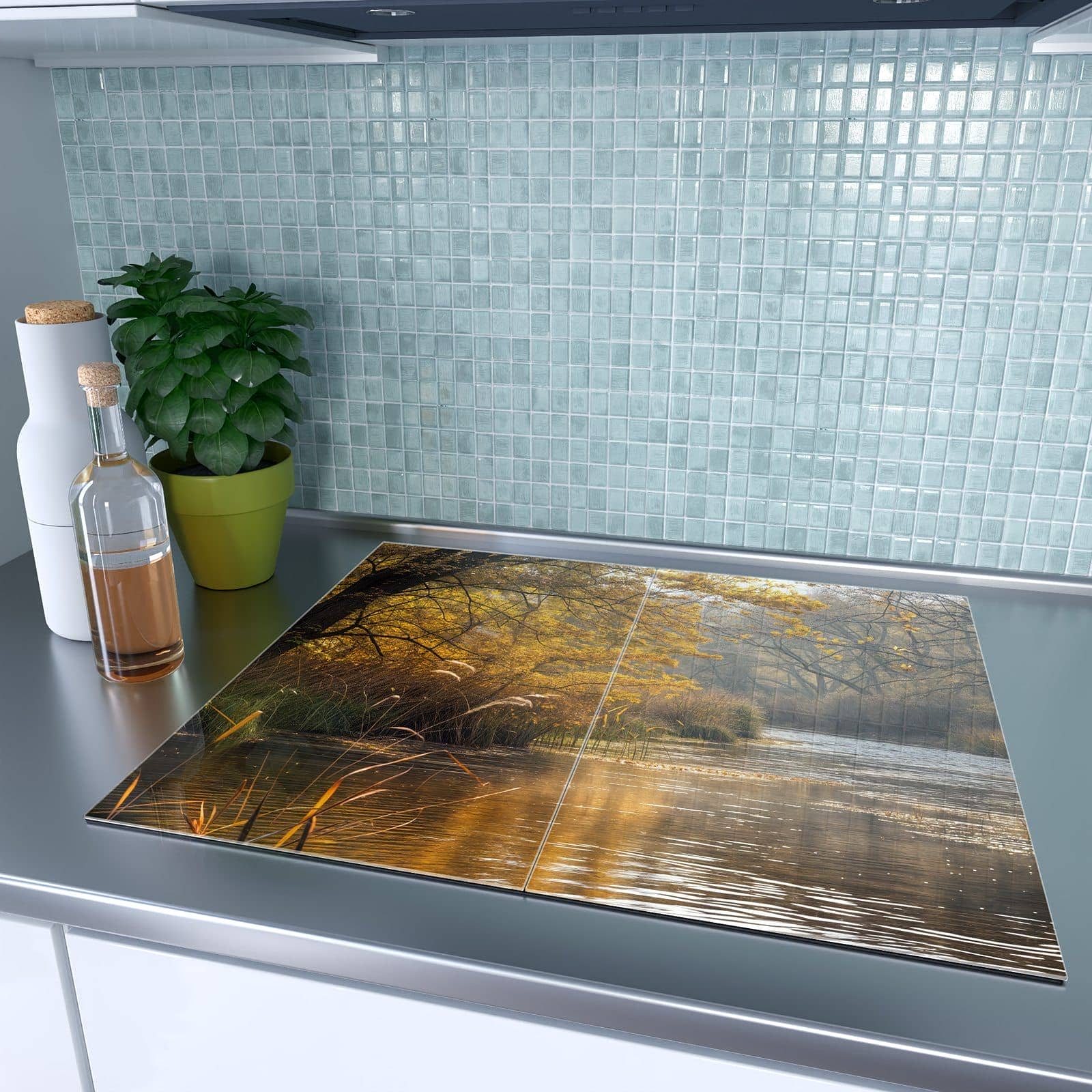 2-teilige Herdabdeckplatten aus Glas mit Herbstliches Ufer-Motiv auf dem Ceranfeld