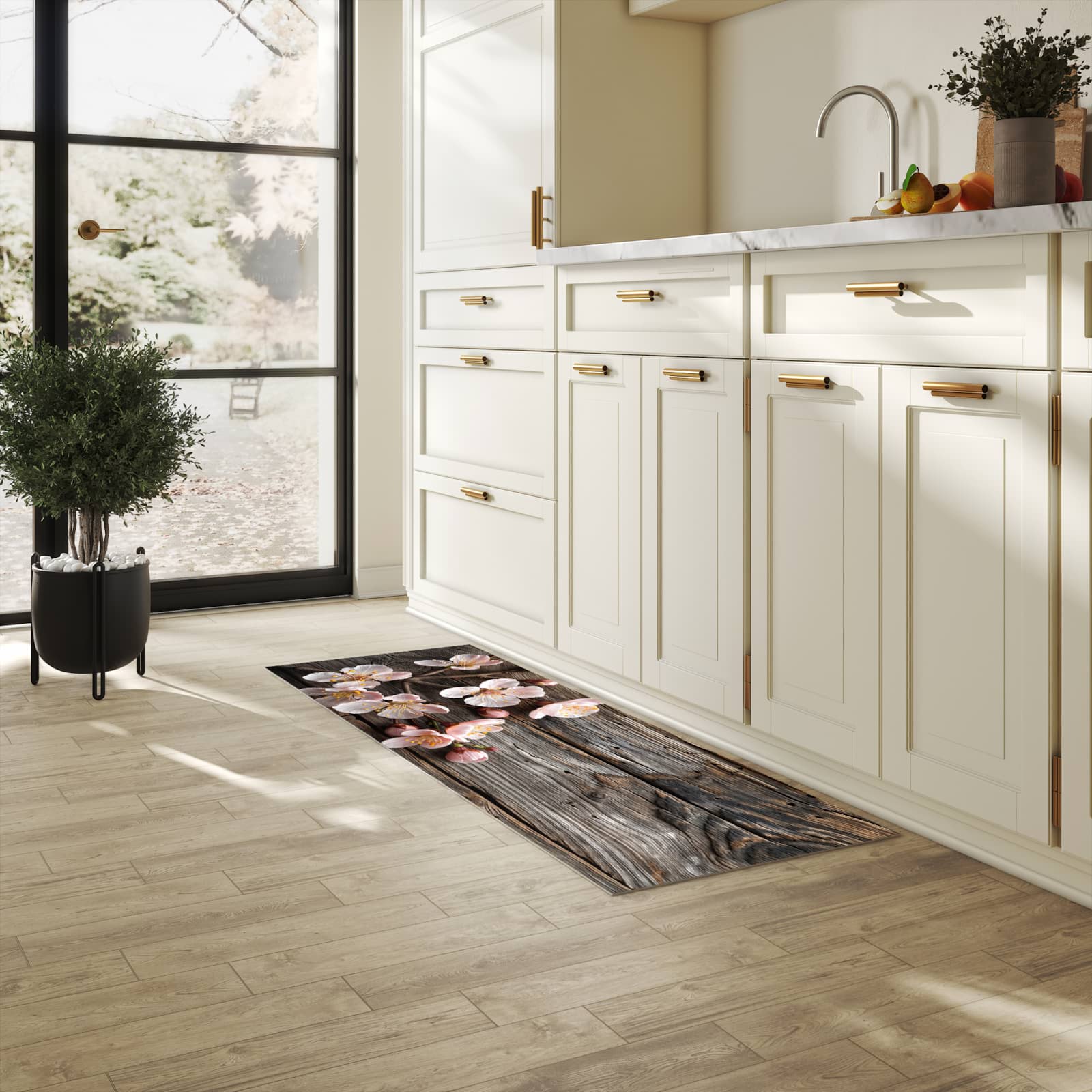 Geruchsneutraler rutschfester Küchenläufer mit Motiv Holz von Kirschblüten in heller Küche