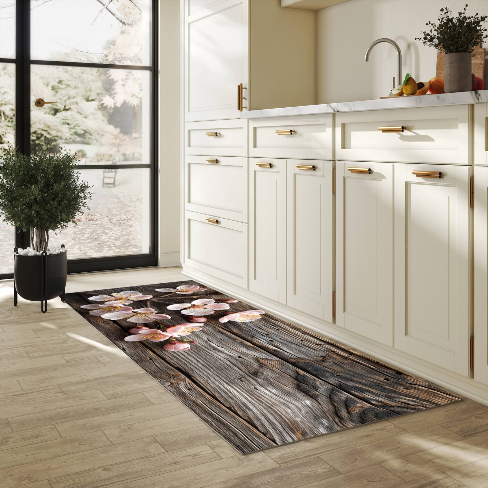 Waschbarer Küchenteppich mit Motiv Holz von Kirschblüten in heller Küche